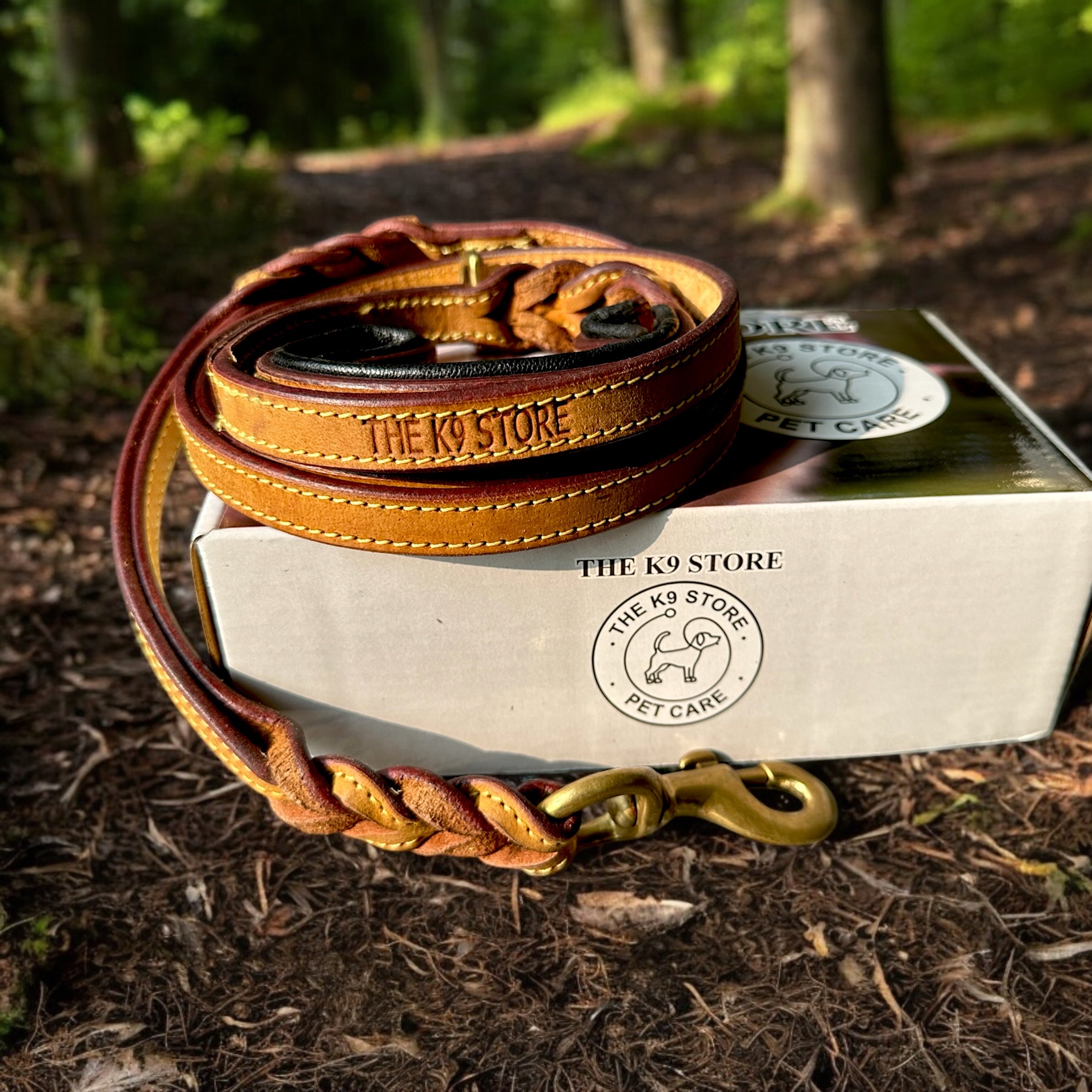 The K9 Store Premium Leather Double Handle Dog Leash, 6 Feet Long in Tan Color With Brass Hooks For All Dog Breeds
