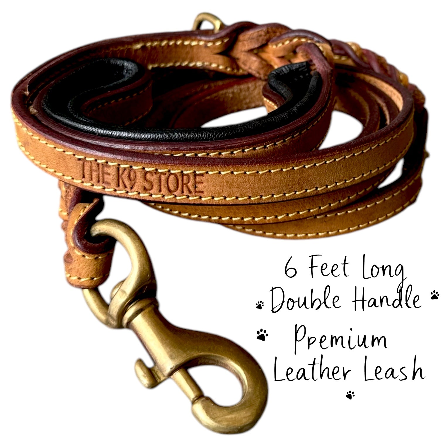 The K9 Store Premium Leather Double Handle Dog Leash, 6 Feet Long in Tan Color With Brass Hooks For All Dog Breeds