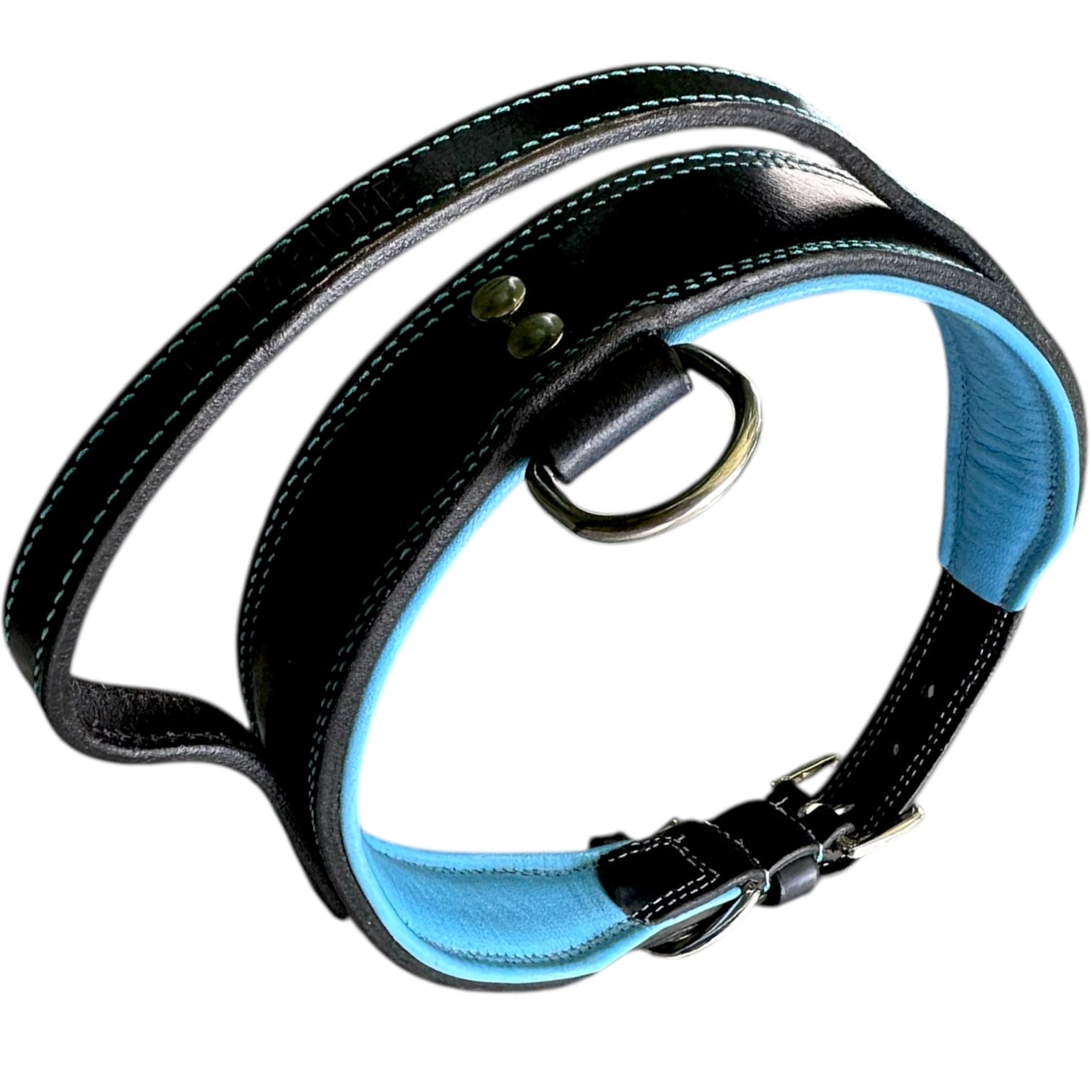 The K9 Store 100% Highgrade Leather Bold Dog Neck Collar For Training With Extra Handle - Zoey's Special B&B (Blue & Black Dual Tone)
