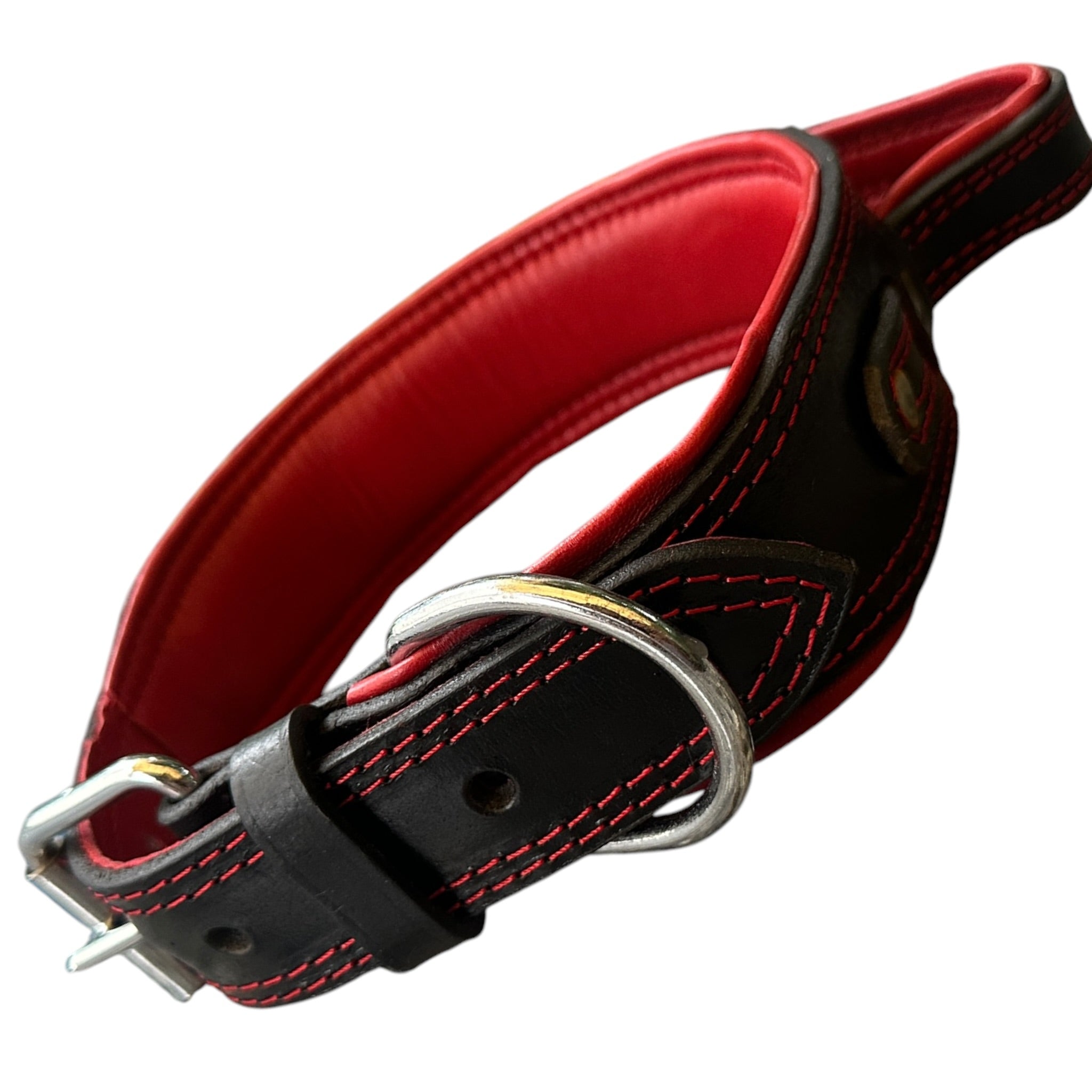 Zoey Special Dual Leather Dog Collar | Padded Red Inner Lining | Extra Handle | Heavy D-Ring | Large Metal Buckle | Large & XL | The K9 Store