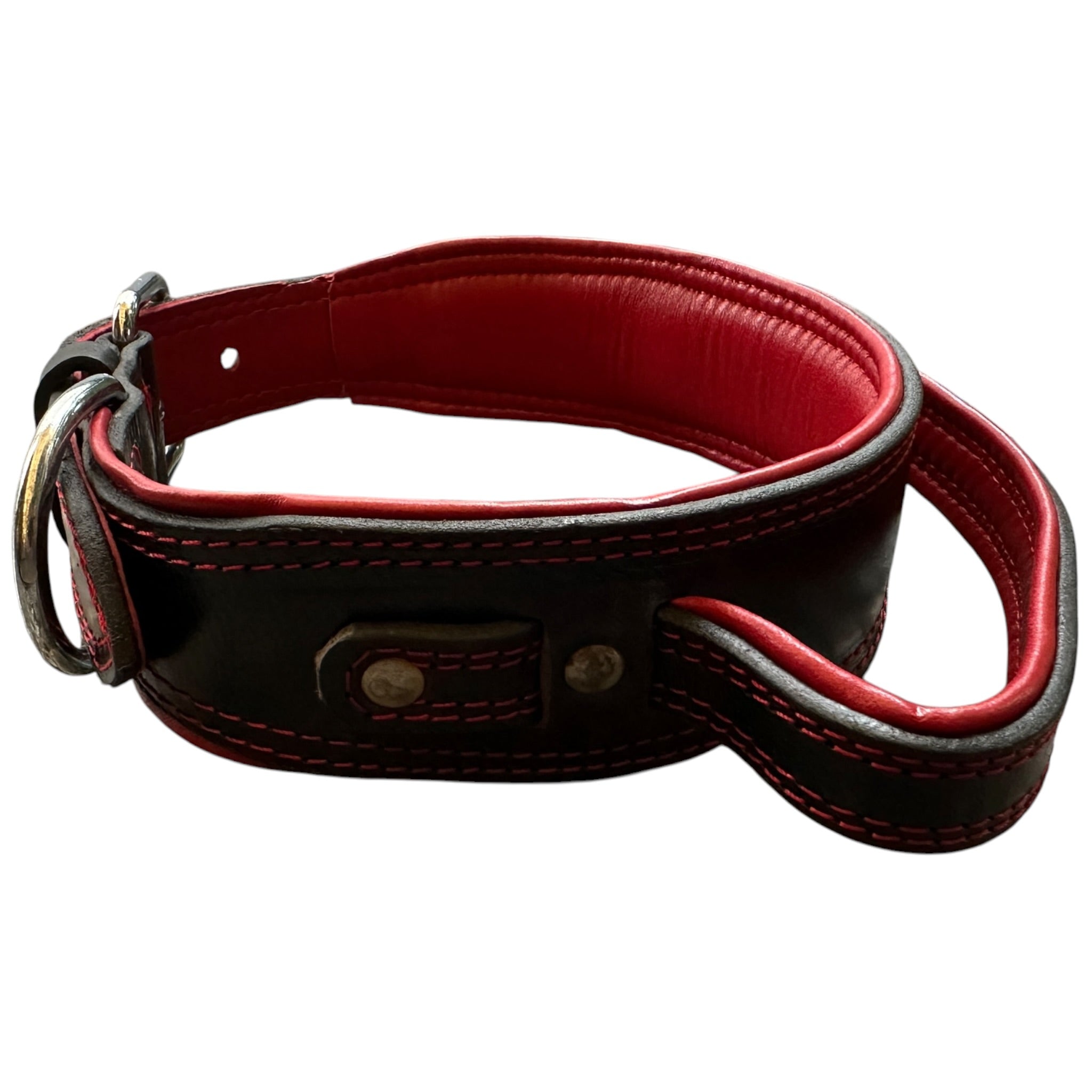 Zoey Special Dual Leather Dog Collar | Padded Red Inner Lining | Extra Handle | Heavy D-Ring | Large Metal Buckle | Large & XL | The K9 Store