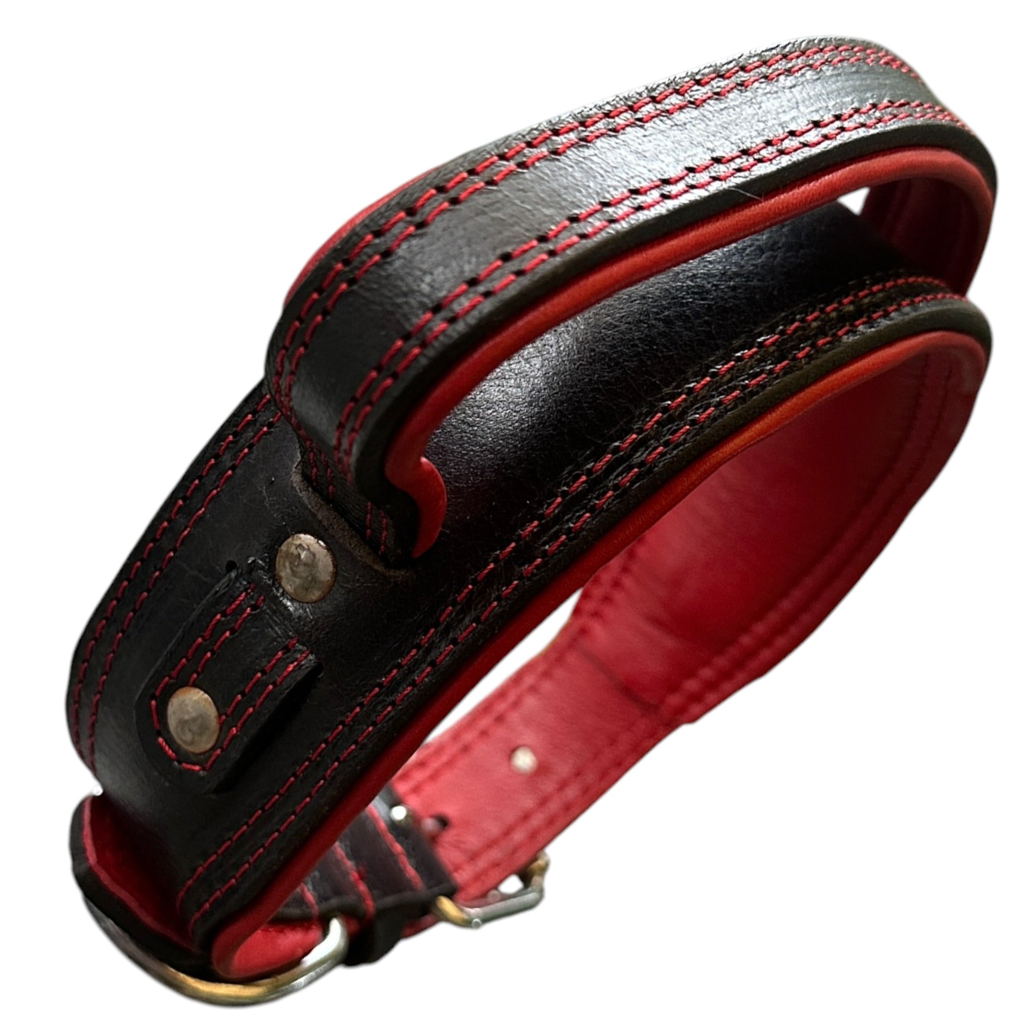 Zoey Special Dual Leather Dog Collar | Padded Red Inner Lining | Extra Handle | Heavy D-Ring | Large Metal Buckle | Large & XL | The K9 Store