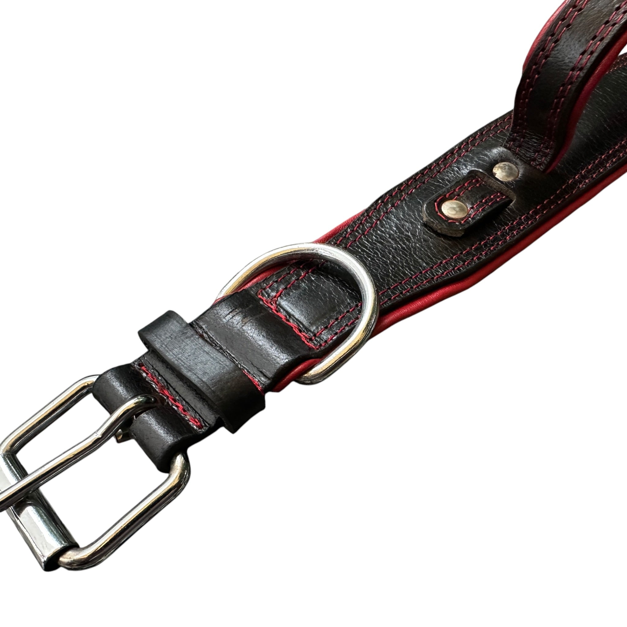 Zoey Special Dual Leather Dog Collar | Padded Red Inner Lining | Extra Handle | Heavy D-Ring | Large Metal Buckle | Large & XL | The K9 Store