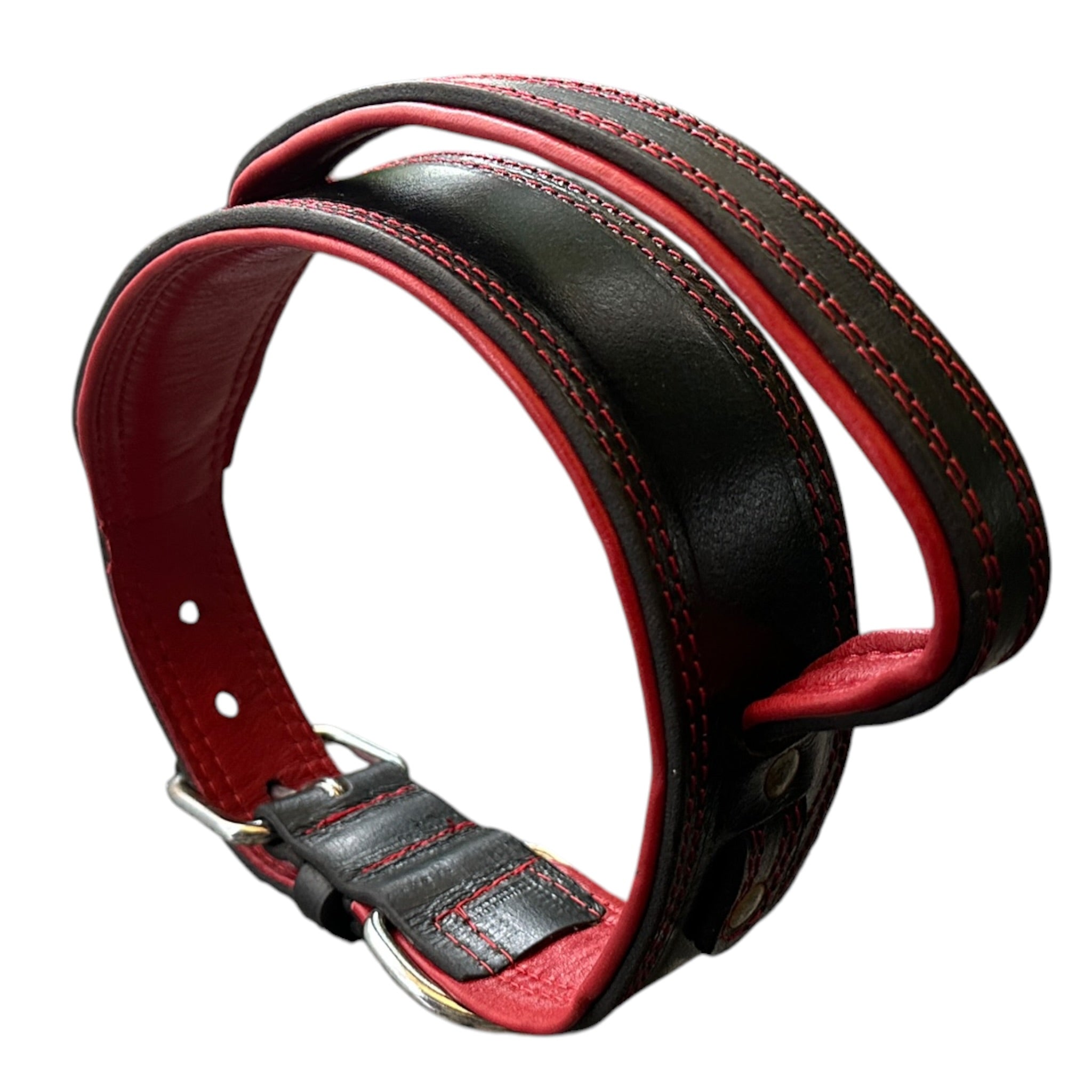 Zoey Special Dual Leather Dog Collar | Padded Red Inner Lining | Extra Handle | Heavy D-Ring | Large Metal Buckle | Large & XL | The K9 Store