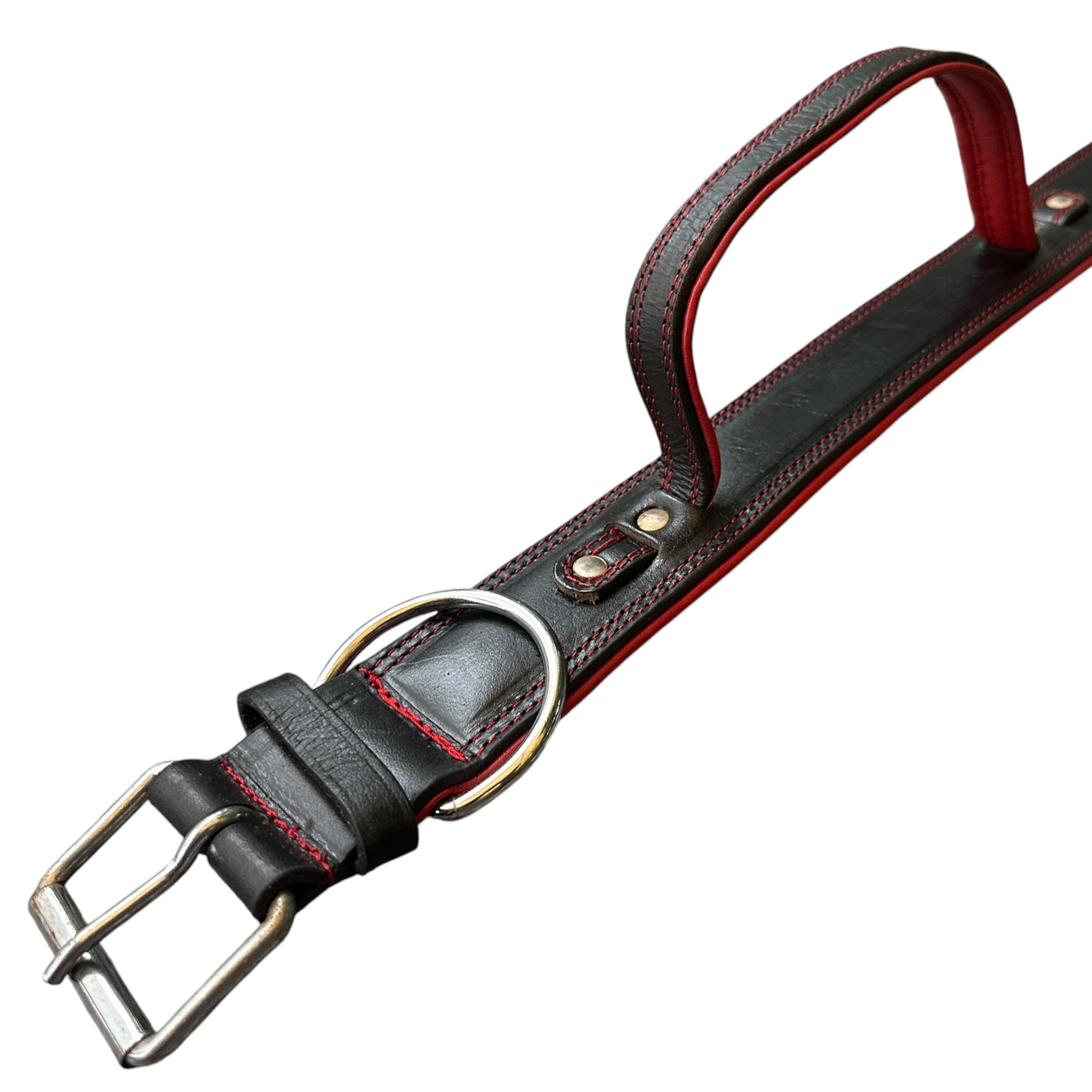 Zoey Special Dual Leather Dog Collar | Padded Red Inner Lining | Extra Handle | Heavy D-Ring | Large Metal Buckle | Large & XL | The K9 Store