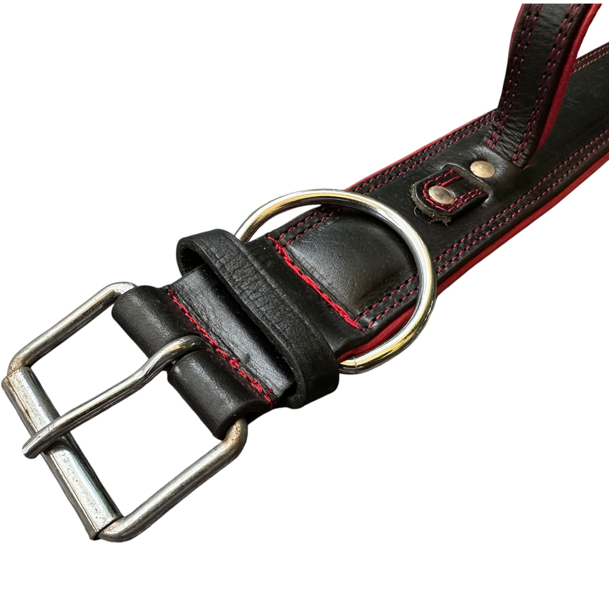 Zoey Special Double Stitch Dual Leather Dog Collar | Extra Thick Padded Red Lining | Reinforced Handle | Double Brass Rivets | Heavy D-Ring | Large & XL | The K9 Store