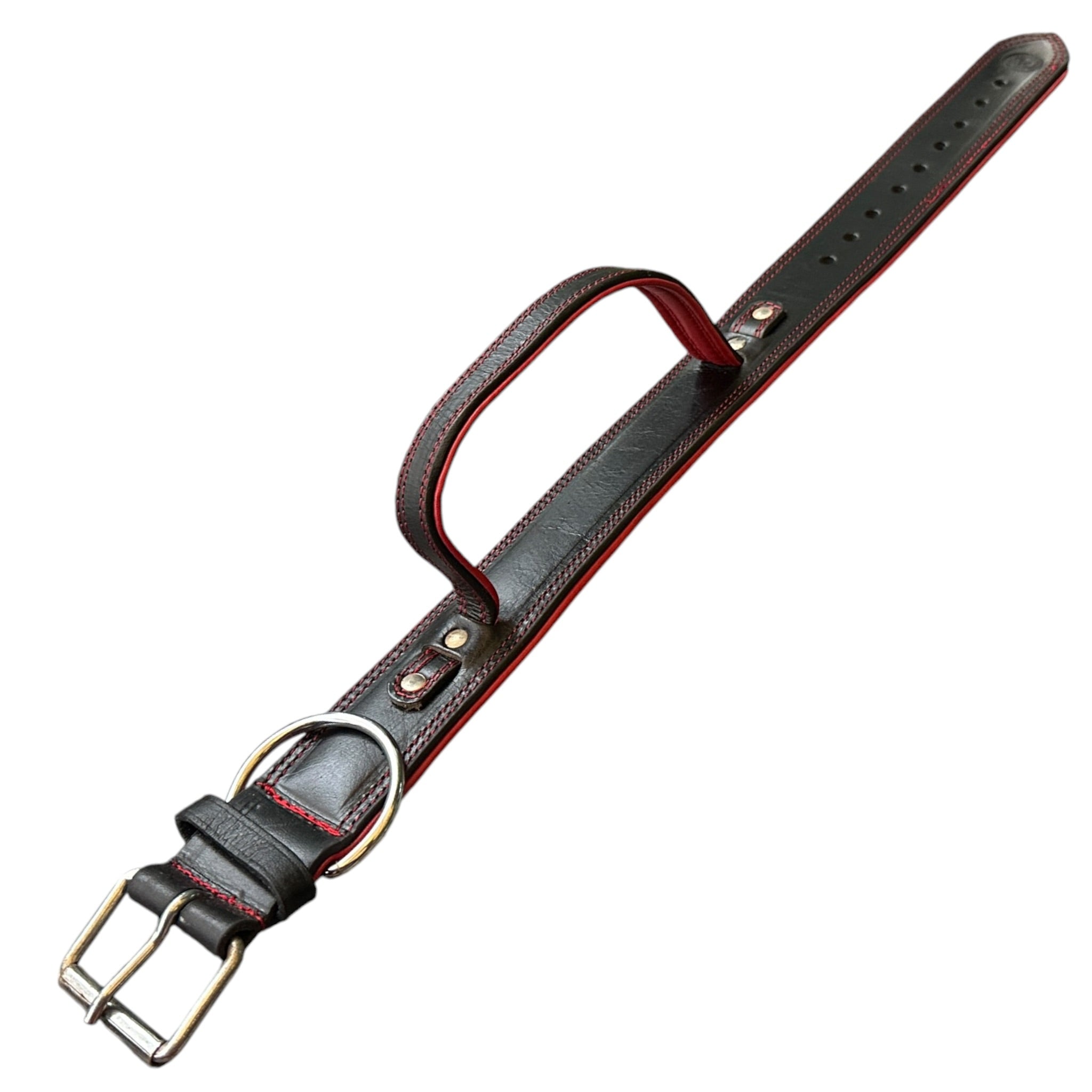 Zoey Special Double Stitch Dual Leather Dog Collar | Extra Thick Padded Red Lining | Reinforced Handle | Double Brass Rivets | Heavy D-Ring | Large & XL | The K9 Store