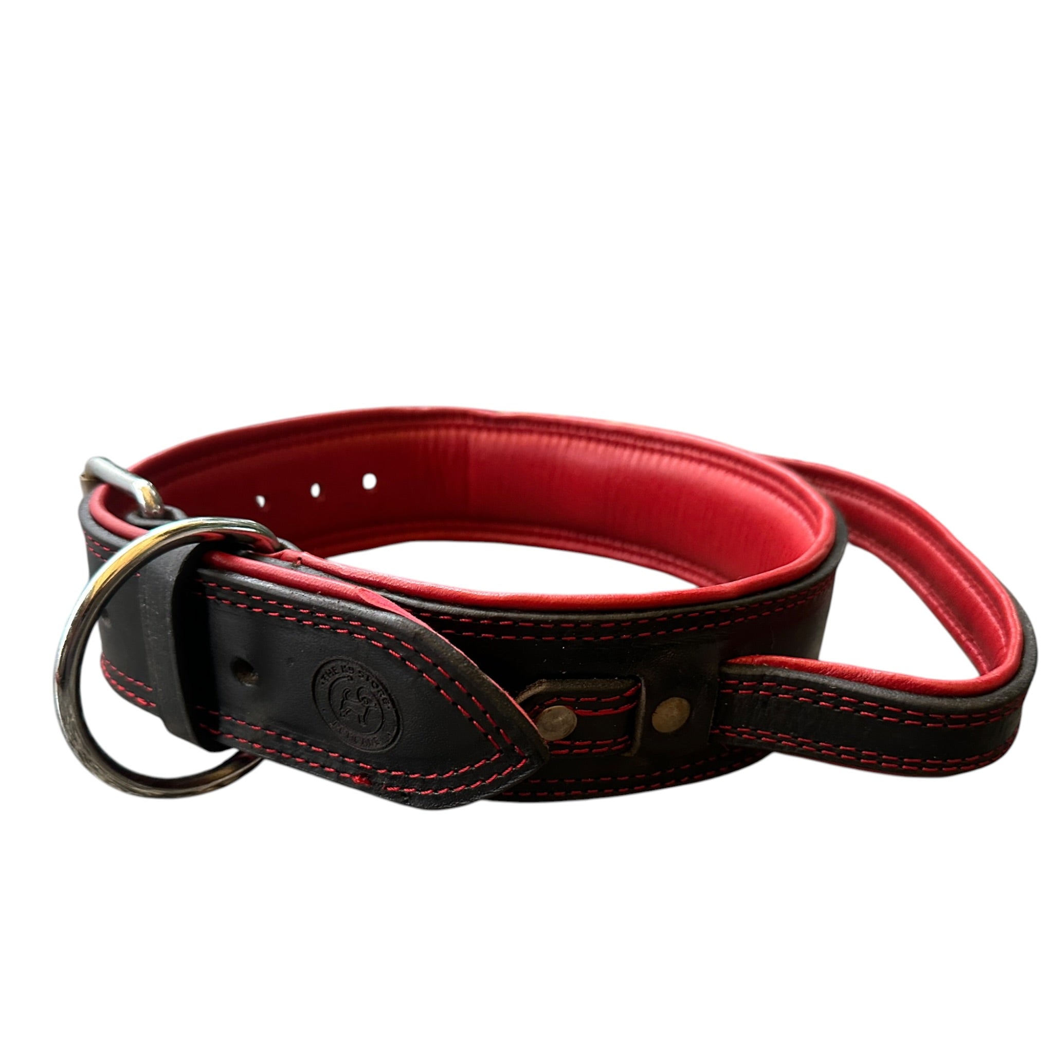 Zoey Special Double Stitch Dual Leather Dog Collar | Extra Thick Padded Red Lining | Reinforced Handle | Double Brass Rivets | Heavy D-Ring | Large & XL | The K9 Store