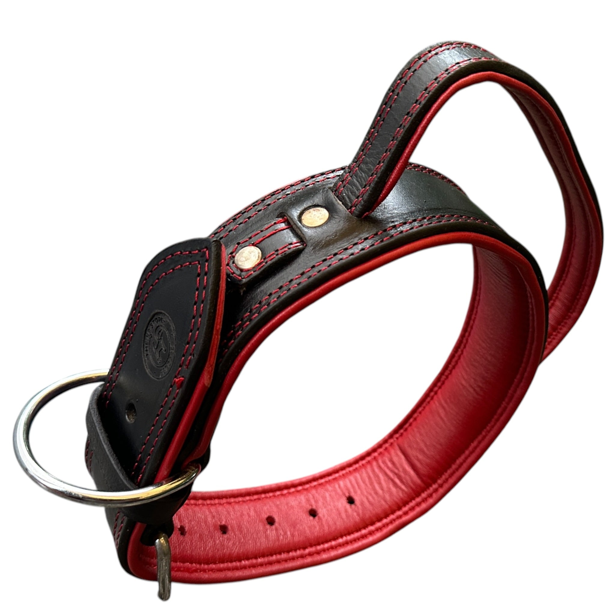 Zoey Special Double Stitch Dual Leather Dog Collar | Extra Thick Padded Red Lining | Reinforced Handle | Double Brass Rivets | Heavy D-Ring | Large & XL | The K9 Store