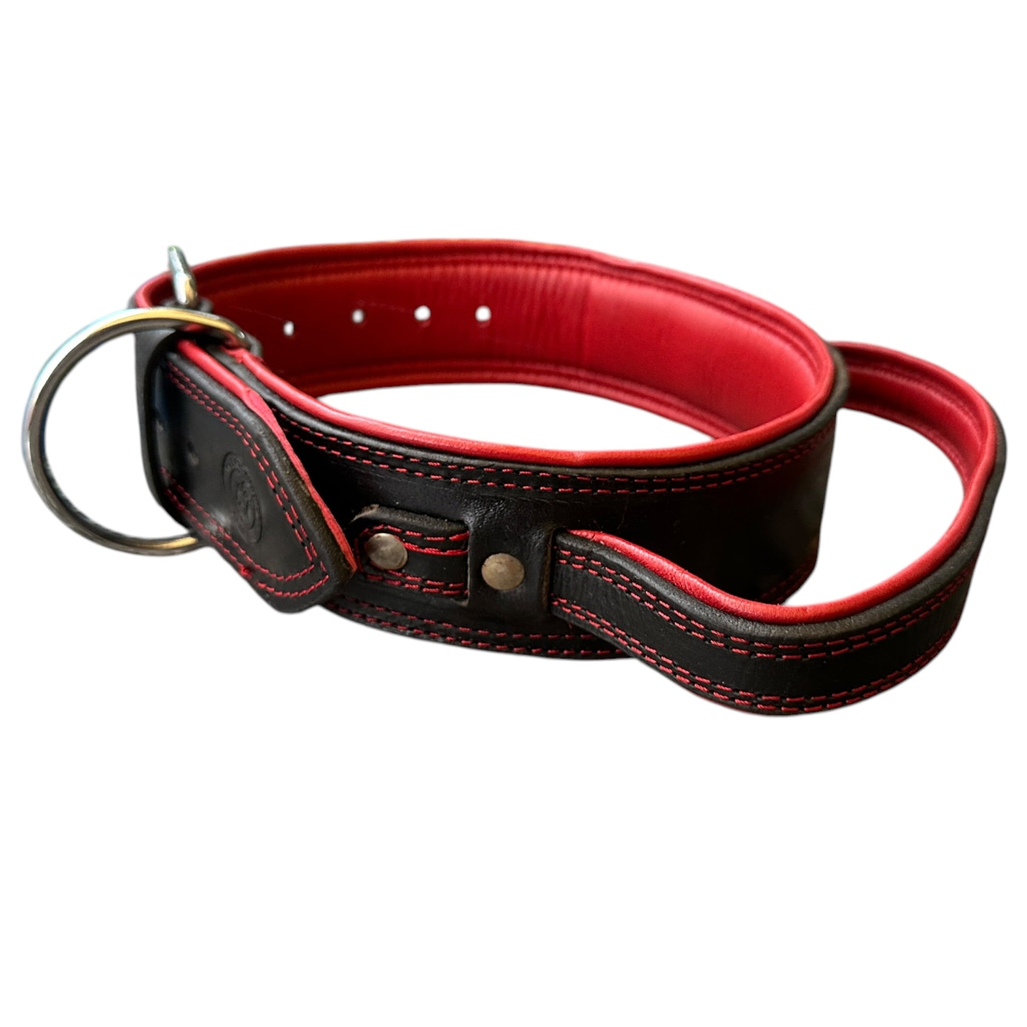 Zoey Special Double Stitch Dual Leather Dog Collar | Extra Thick Padded Red Lining | Reinforced Handle | Double Brass Rivets | Heavy D-Ring | Large & XL | The K9 Store