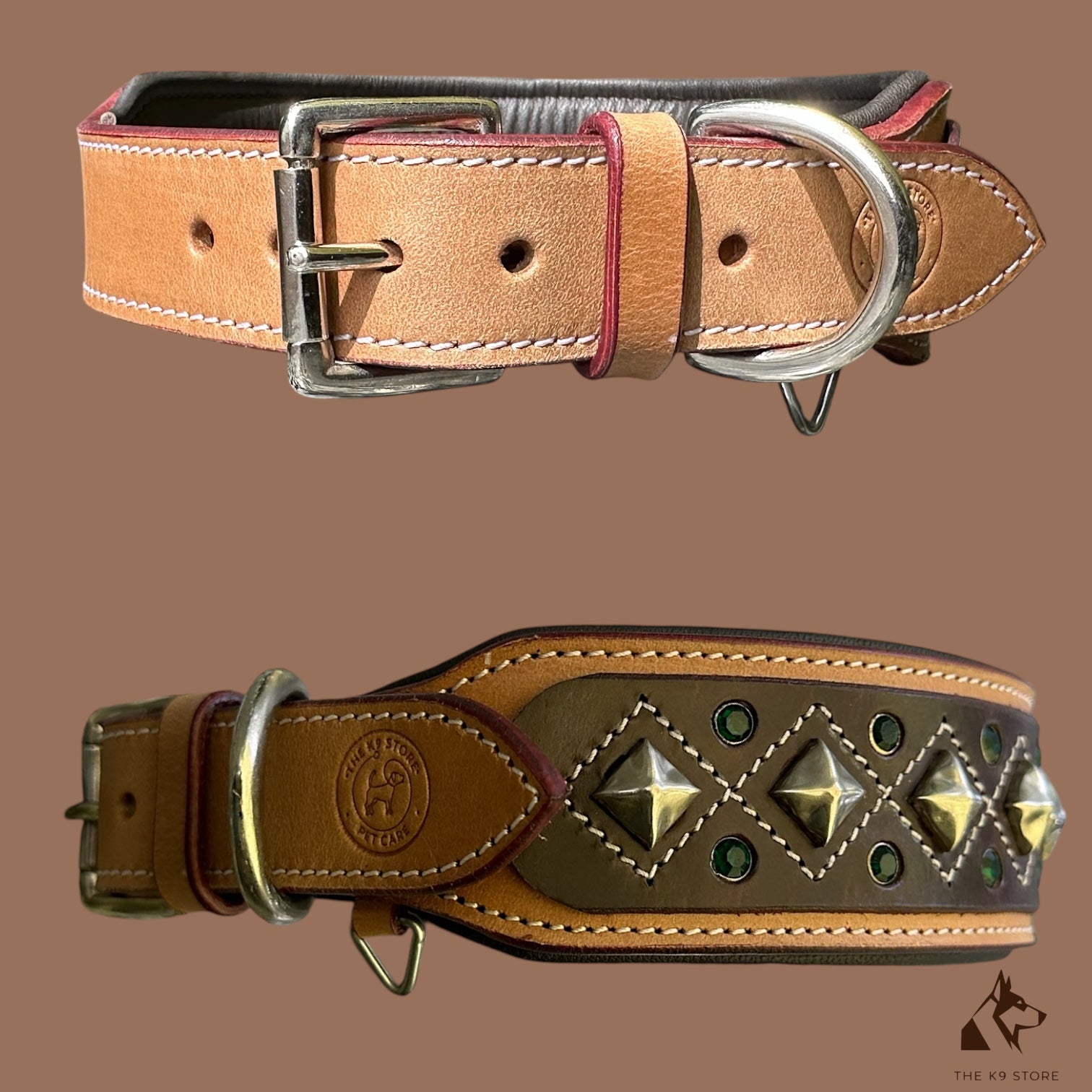 Genuine Leather Studded Dog Collar | Handcrafted Diamond Design with Crystals | Padded Interior | Large & XL