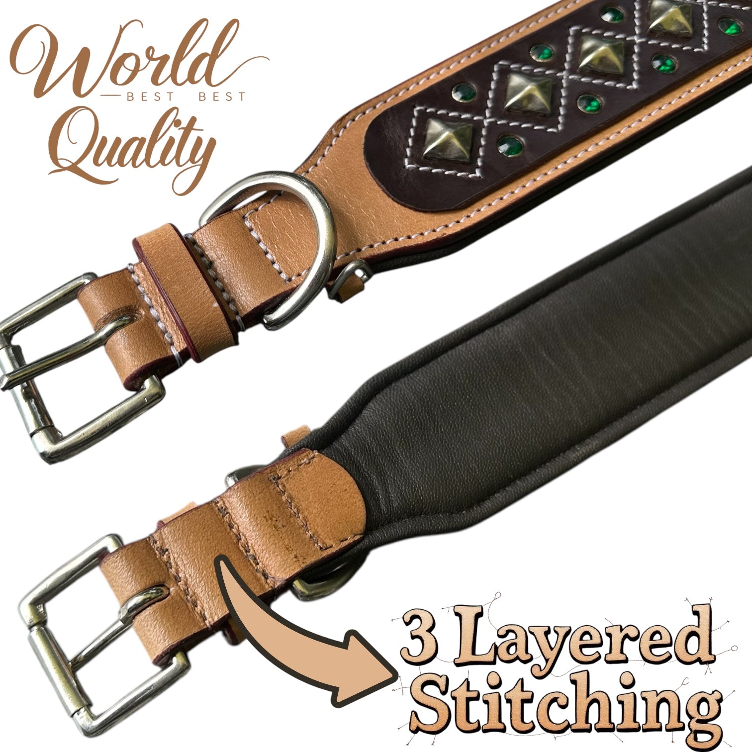 Genuine Leather Studded Dog Collar | Handcrafted Diamond Design with Crystals | Padded Interior | Large & XL