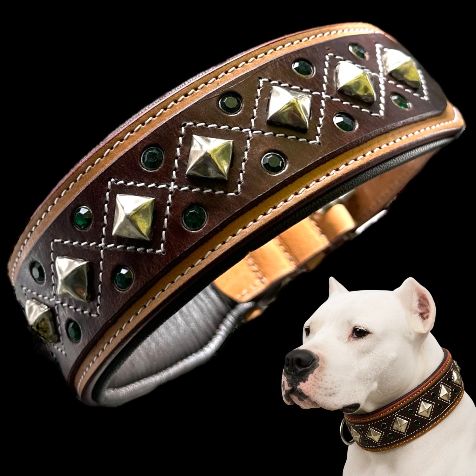 Genuine Leather Studded Dog Collar | Handcrafted Diamond Design with Crystals | Padded Interior | Large & XL