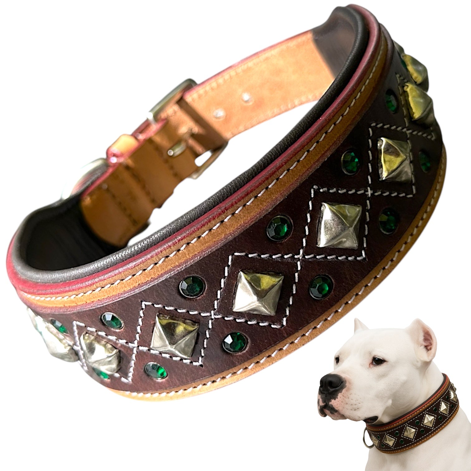 Genuine Leather Studded Dog Collar | Handcrafted Diamond Design with Crystals | Padded Interior | Large & XL