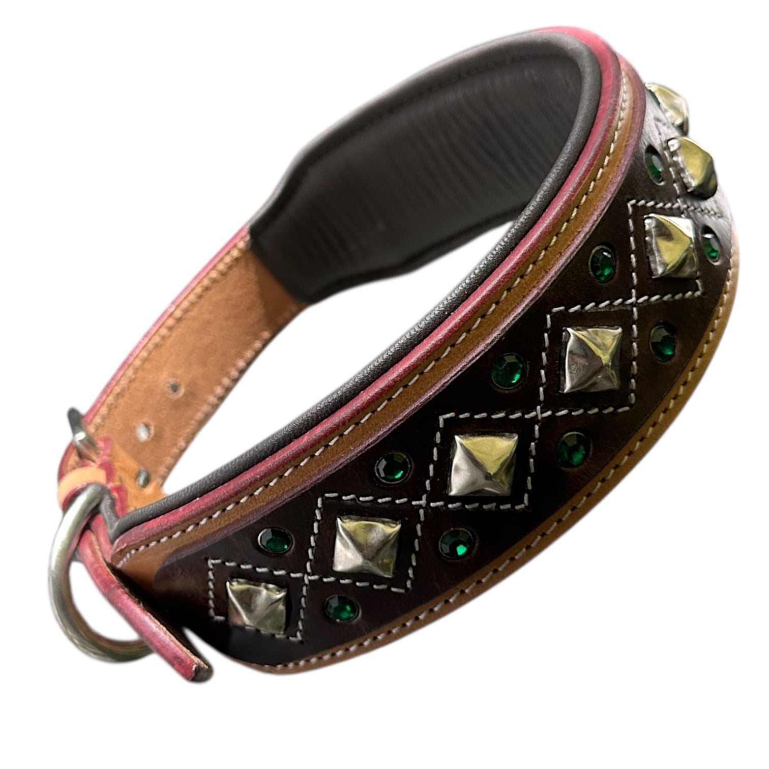Genuine Leather Studded Dog Collar | Handcrafted Diamond Design with Crystals | Padded Interior | Large & XL
