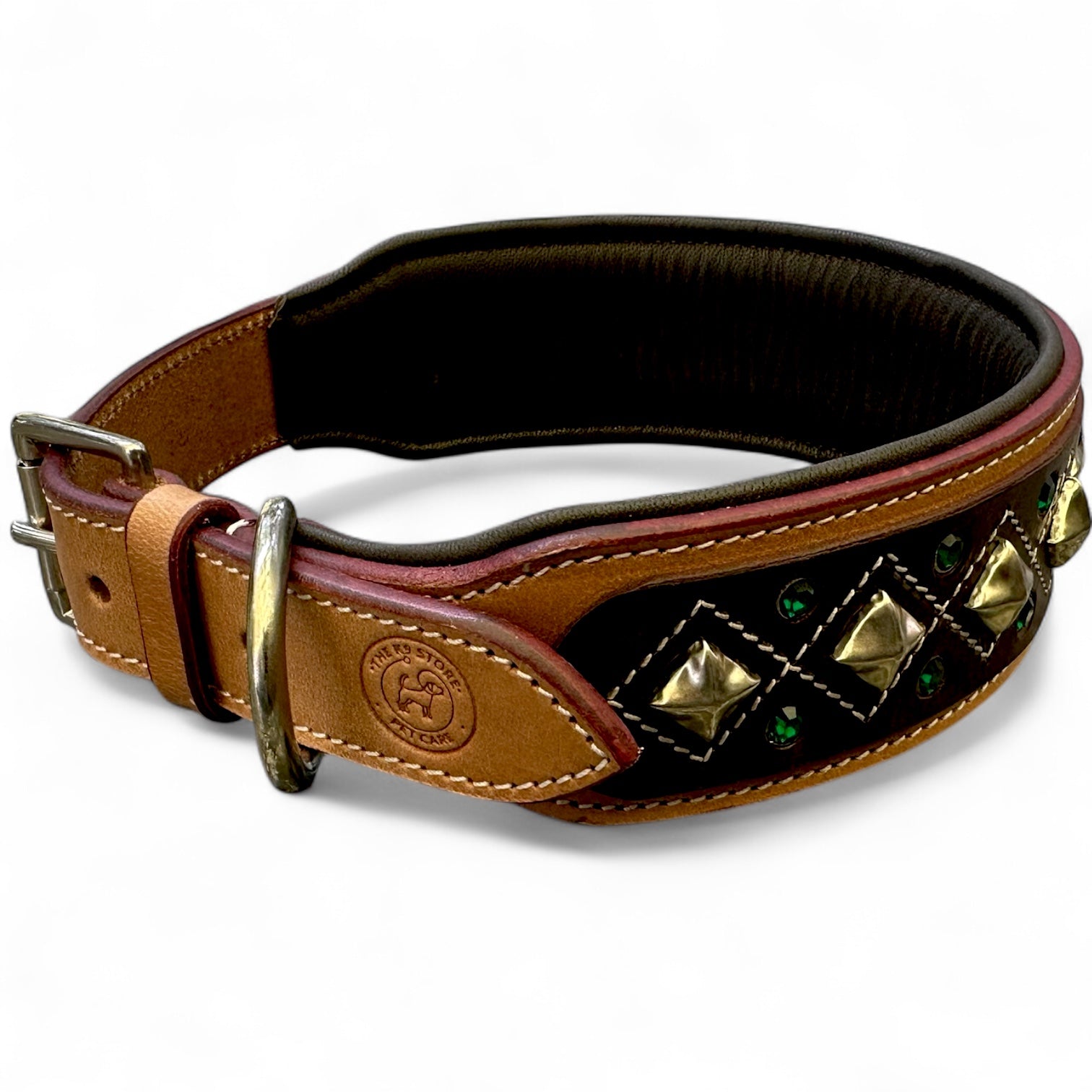 Genuine Leather Studded Dog Collar | Handcrafted Diamond Design with Crystals | Padded Interior | Large & XL