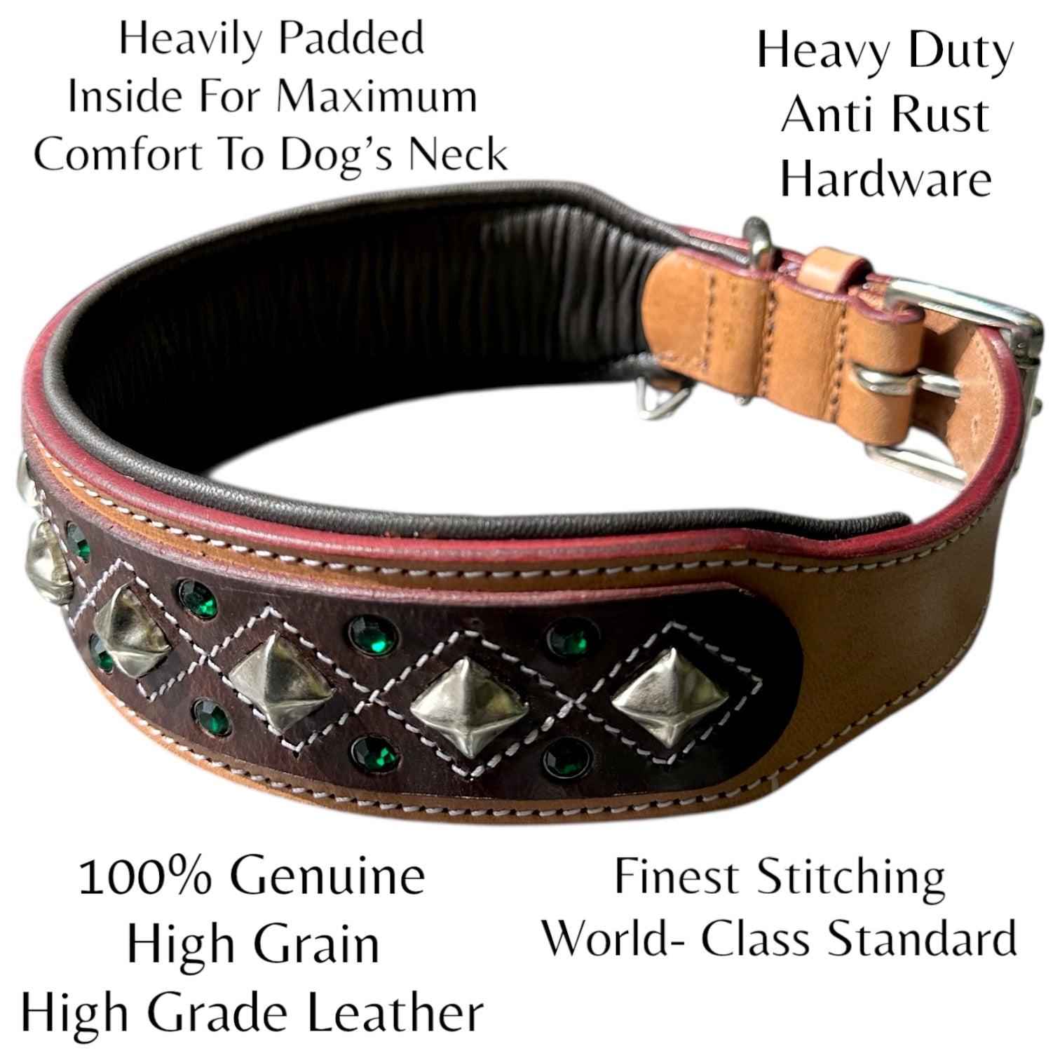Genuine Leather Studded Dog Collar | Handcrafted Diamond Design with Crystals | Padded Interior | Large & XL