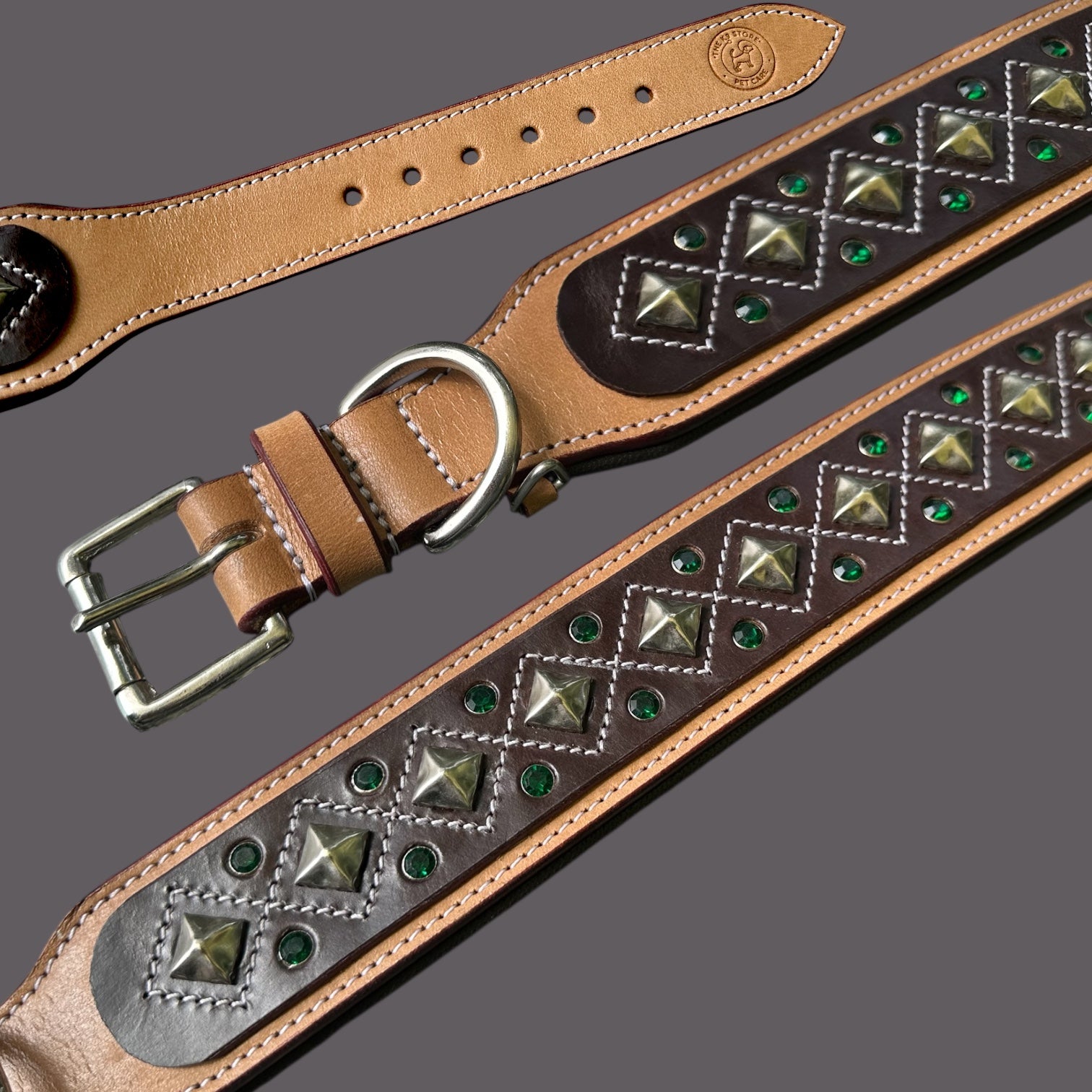 Genuine Leather Studded Dog Collar | Handcrafted Diamond Design with Crystals | Padded Interior | Large & XL
