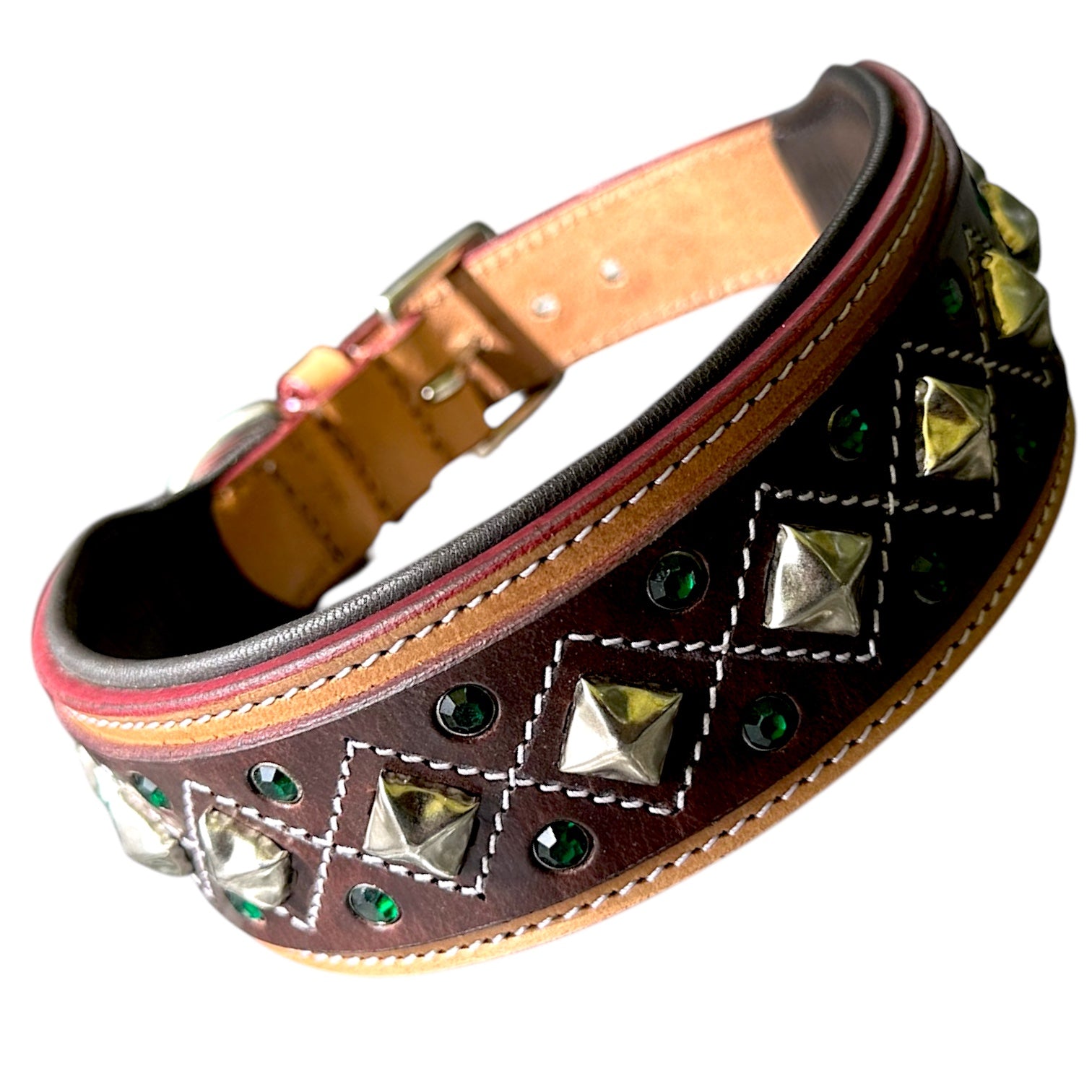Genuine Leather Studded Dog Collar | Handcrafted Diamond Design with Crystals | Padded Interior | Large & XL