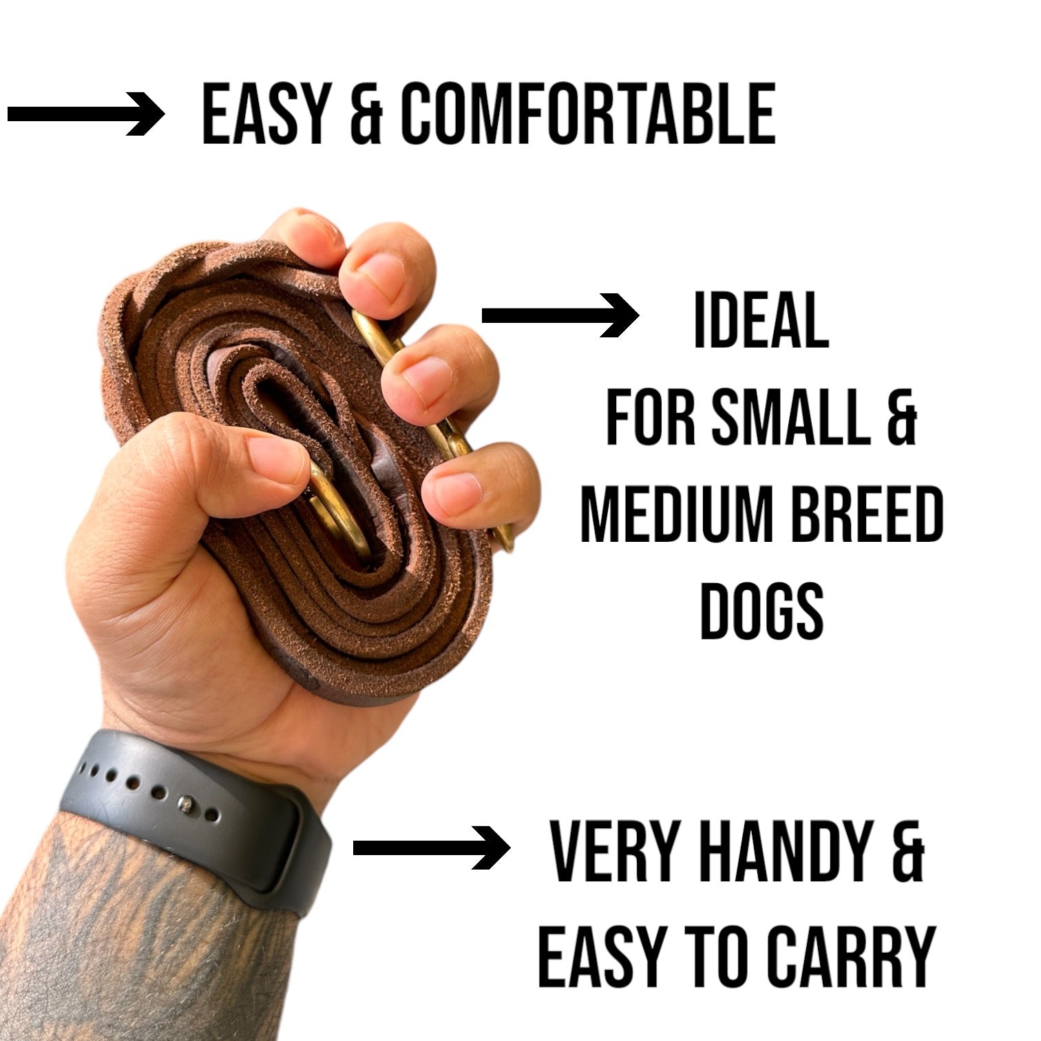 The K9 Store Premium Leather Single Handle Freebie Dog Leash, 5 Feet Long With Brass Hooks For All Dog Breeds