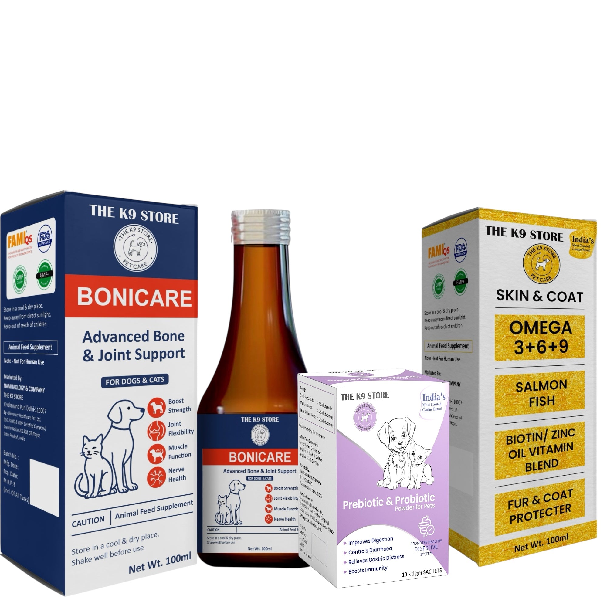 THE K9 STORE Complete Pet Health Combo | Pre & Probiotic for Digestion + Bonicare Bone & Joint Support + Omega 3-6-9 Skin & Coat Supplement | For Dogs & Cats | Boosts Immunity, Bones, Joints & Fur Health