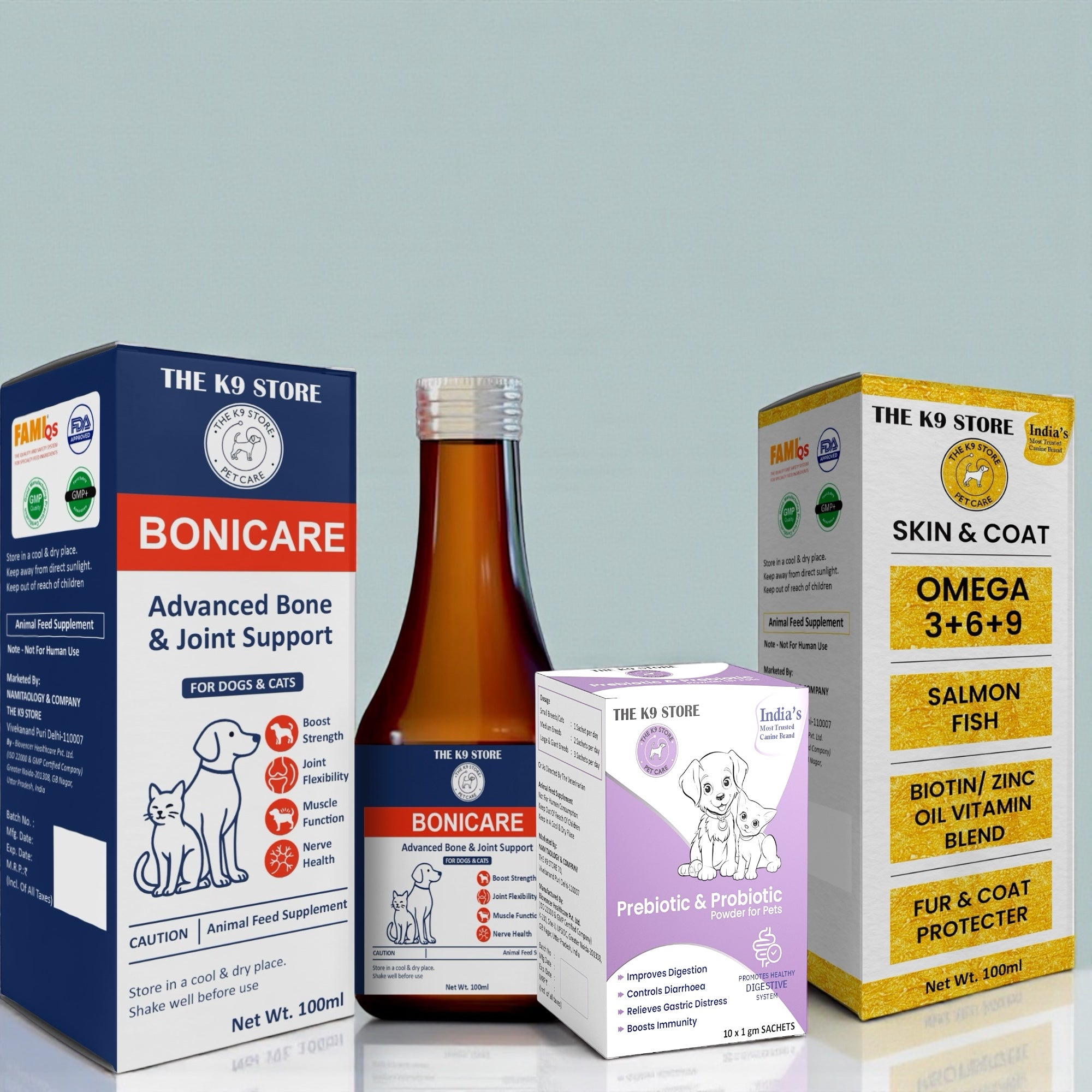 THE K9 STORE Complete Pet Health Combo | Pre & Probiotic for Digestion + Bonicare Bone & Joint Support + Omega 3-6-9 Skin & Coat Supplement | For Dogs & Cats | Boosts Immunity, Bones, Joints & Fur Health