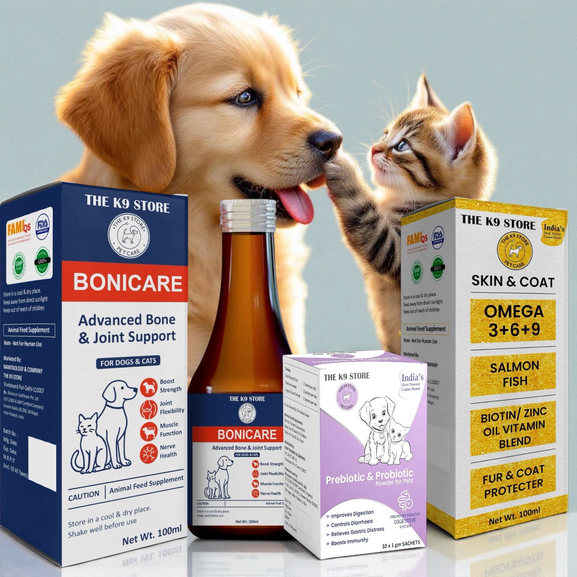 THE K9 STORE Complete Pet Health Combo | Pre & Probiotic for Digestion + Bonicare Bone & Joint Support + Omega 3-6-9 Skin & Coat Supplement | For Dogs & Cats | Boosts Immunity, Bones, Joints & Fur Health