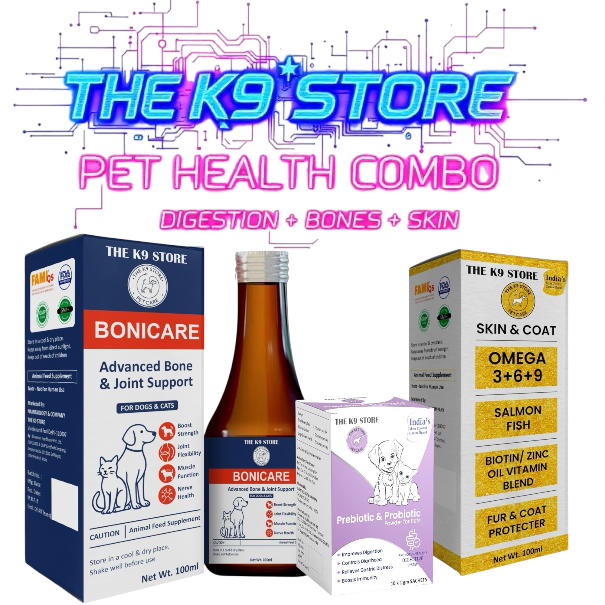 THE K9 STORE Complete Pet Health Combo | Pre & Probiotic for Digestion + Bonicare Bone & Joint Support + Omega 3-6-9 Skin & Coat Supplement | For Dogs & Cats | Boosts Immunity, Bones, Joints & Fur Health