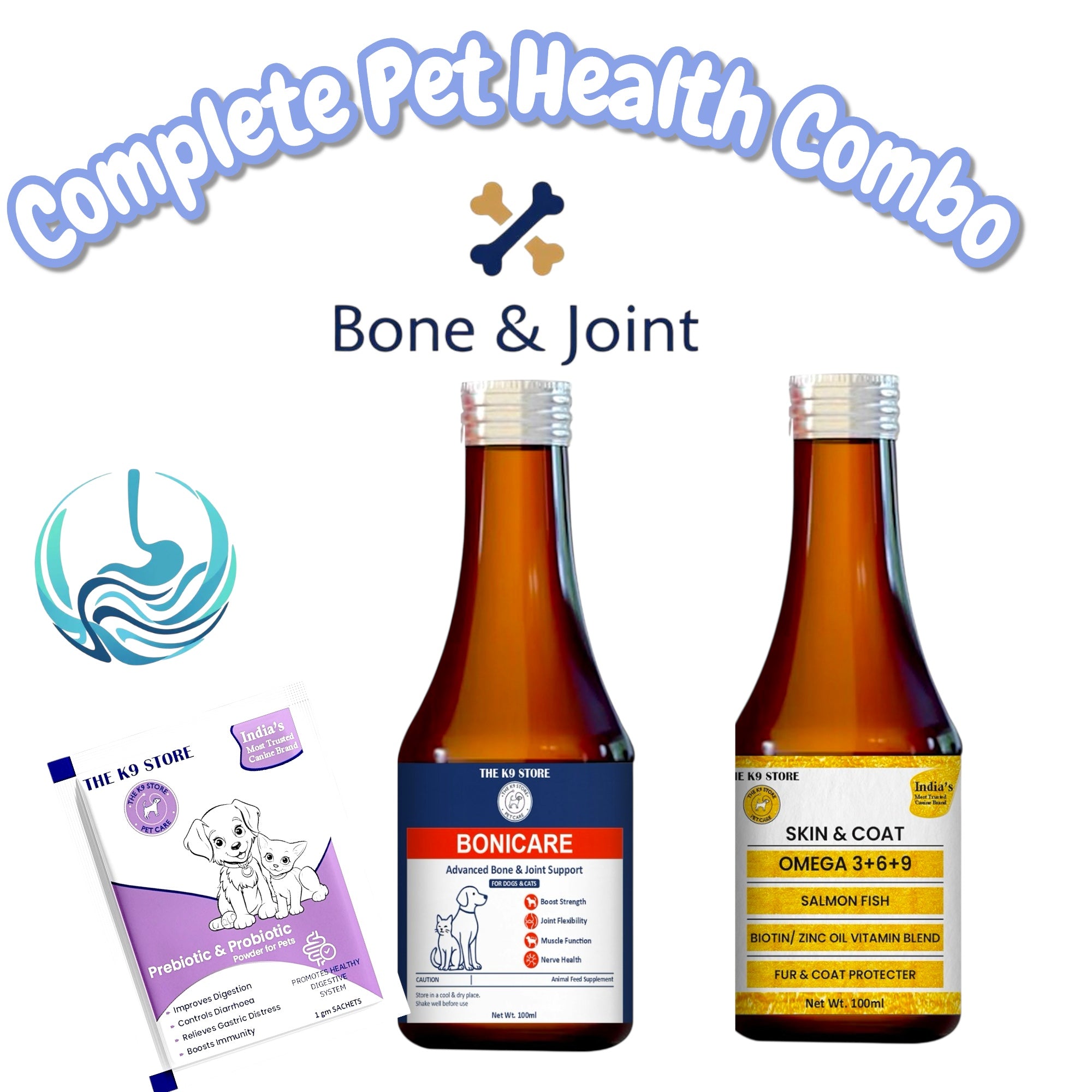 THE K9 STORE Complete Pet Health Combo | Pre & Probiotic for Digestion + Bonicare Bone & Joint Support + Omega 3-6-9 Skin & Coat Supplement | For Dogs & Cats | Boosts Immunity, Bones, Joints & Fur Health
