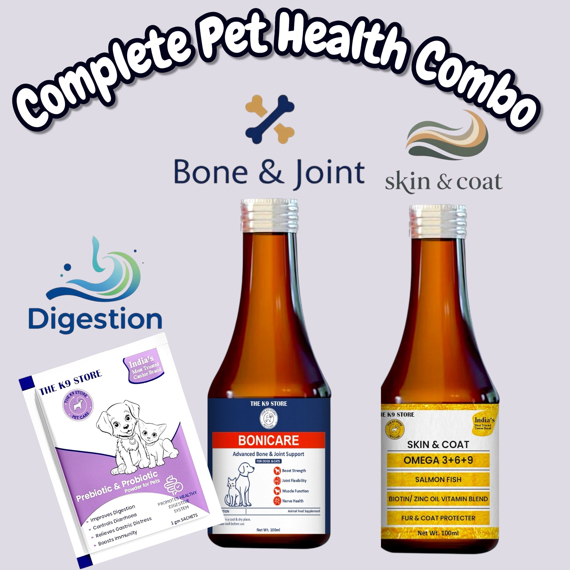 THE K9 STORE Complete Pet Health Combo | Pre & Probiotic for Digestion + Bonicare Bone & Joint Support + Omega 3-6-9 Skin & Coat Supplement | For Dogs & Cats | Boosts Immunity, Bones, Joints & Fur Health