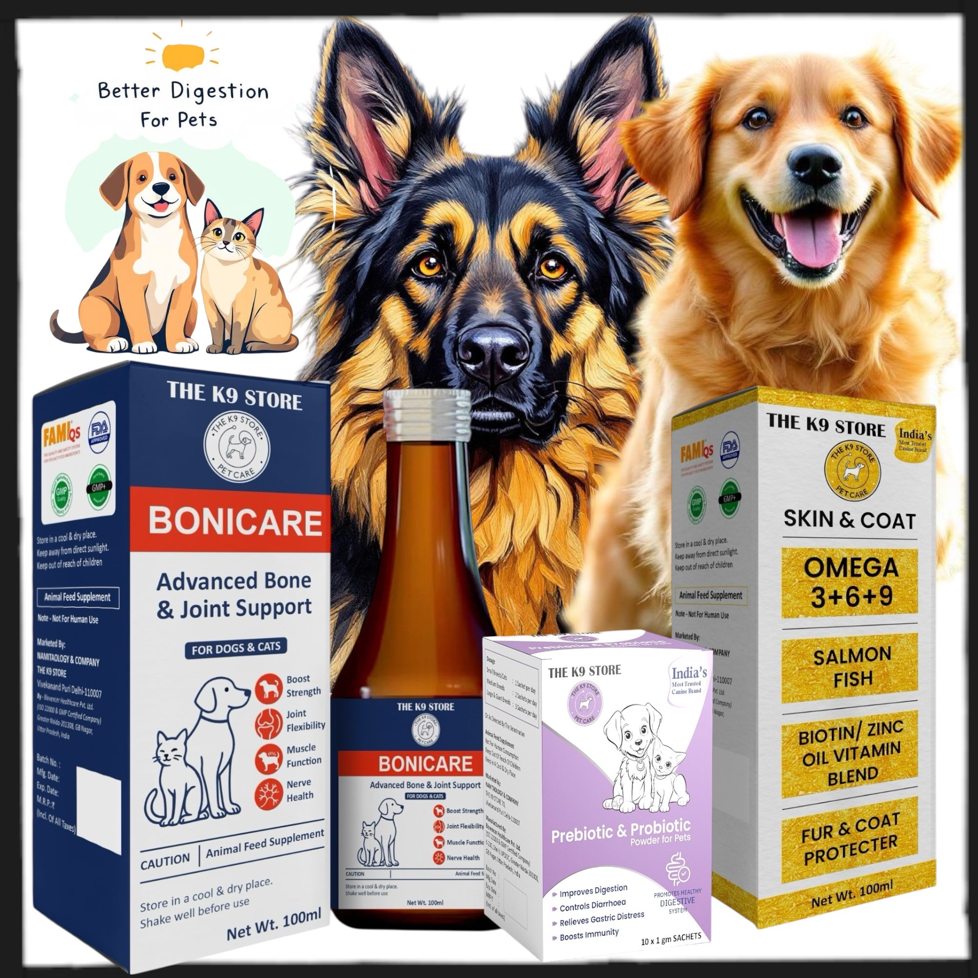 THE K9 STORE Complete Pet Health Combo | Pre & Probiotic for Digestion + Bonicare Bone & Joint Support + Omega 3-6-9 Skin & Coat Supplement | For Dogs & Cats | Boosts Immunity, Bones, Joints & Fur Health