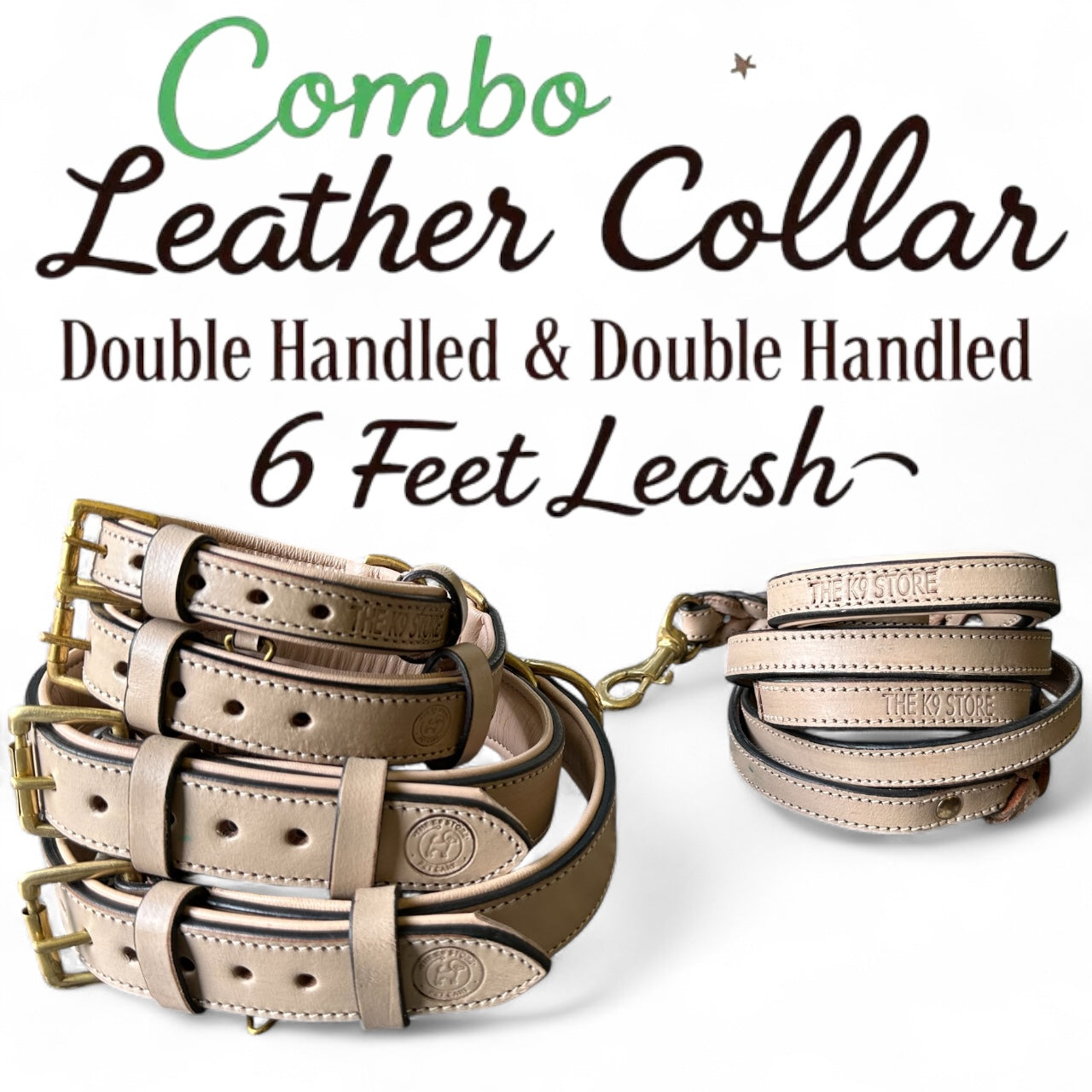 THE K9 STORE – Grey Leather Collar + Matching 6FT Double-Handle Leash (Combo Set)