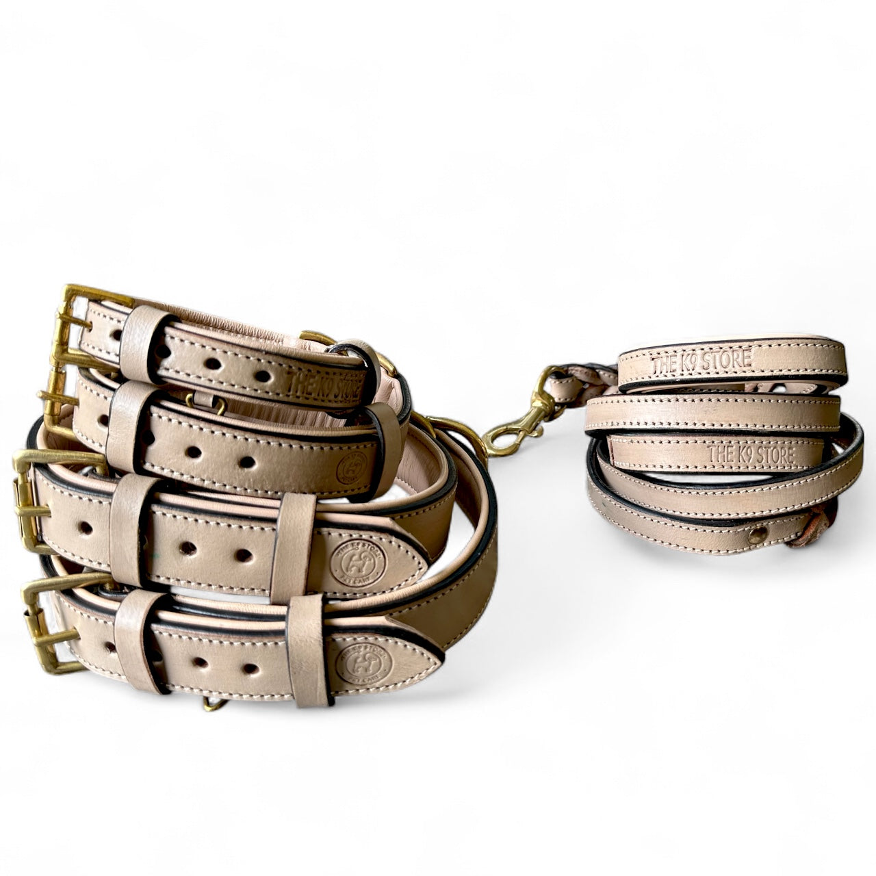 THE K9 STORE – Grey Leather Collar + Matching 6FT Double-Handle Leash (Combo Set)