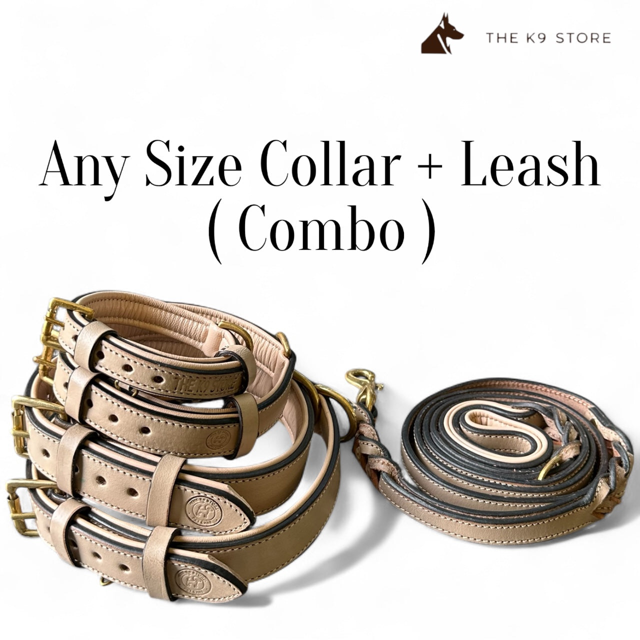 THE K9 STORE – Grey Leather Collar + Matching 6FT Double-Handle Leash (Combo Set)