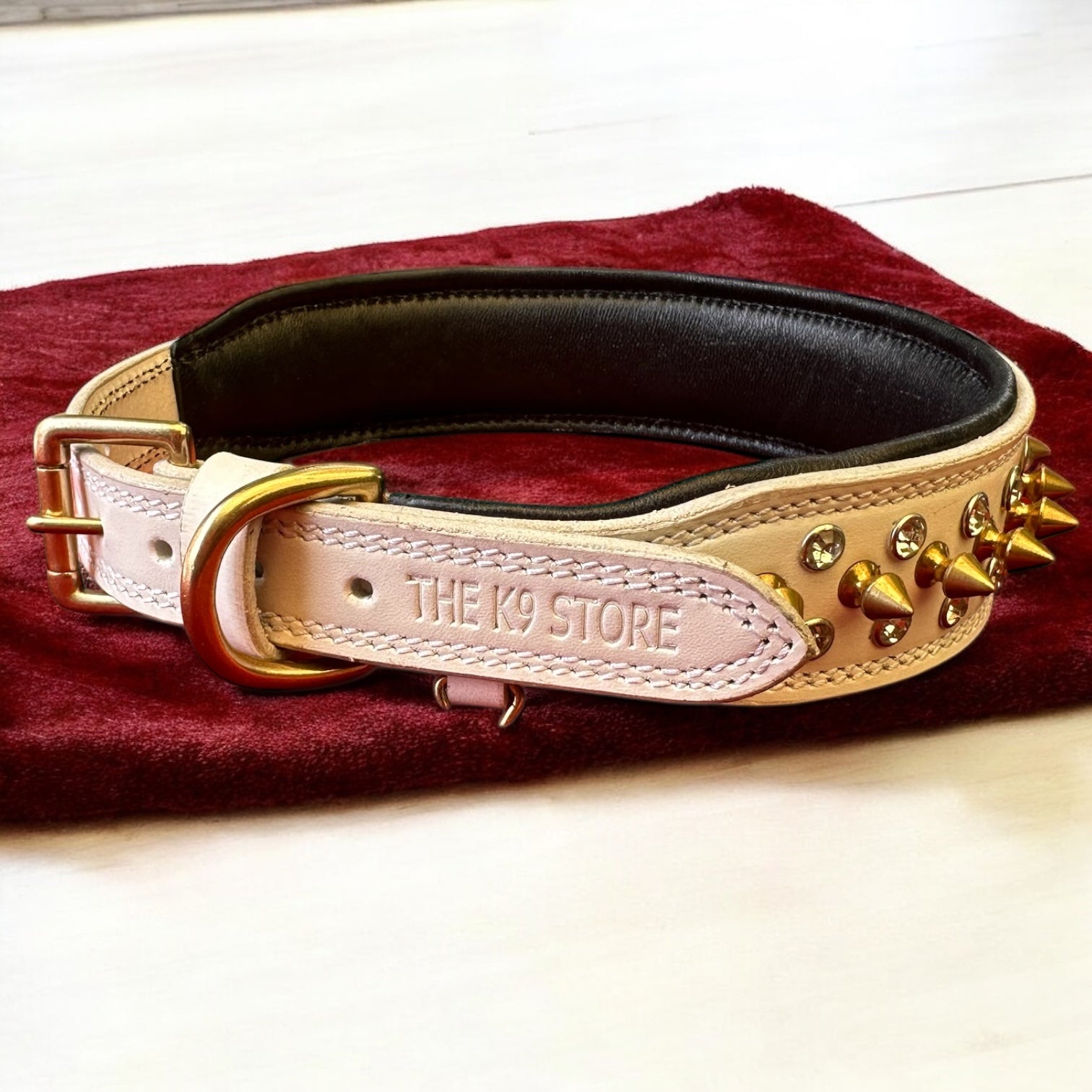 The K9 Store Premium Spiked Leather Designer Dog Collar – 100% Genuine Leather Gold Spikes with Brass Studs (Large & XL)