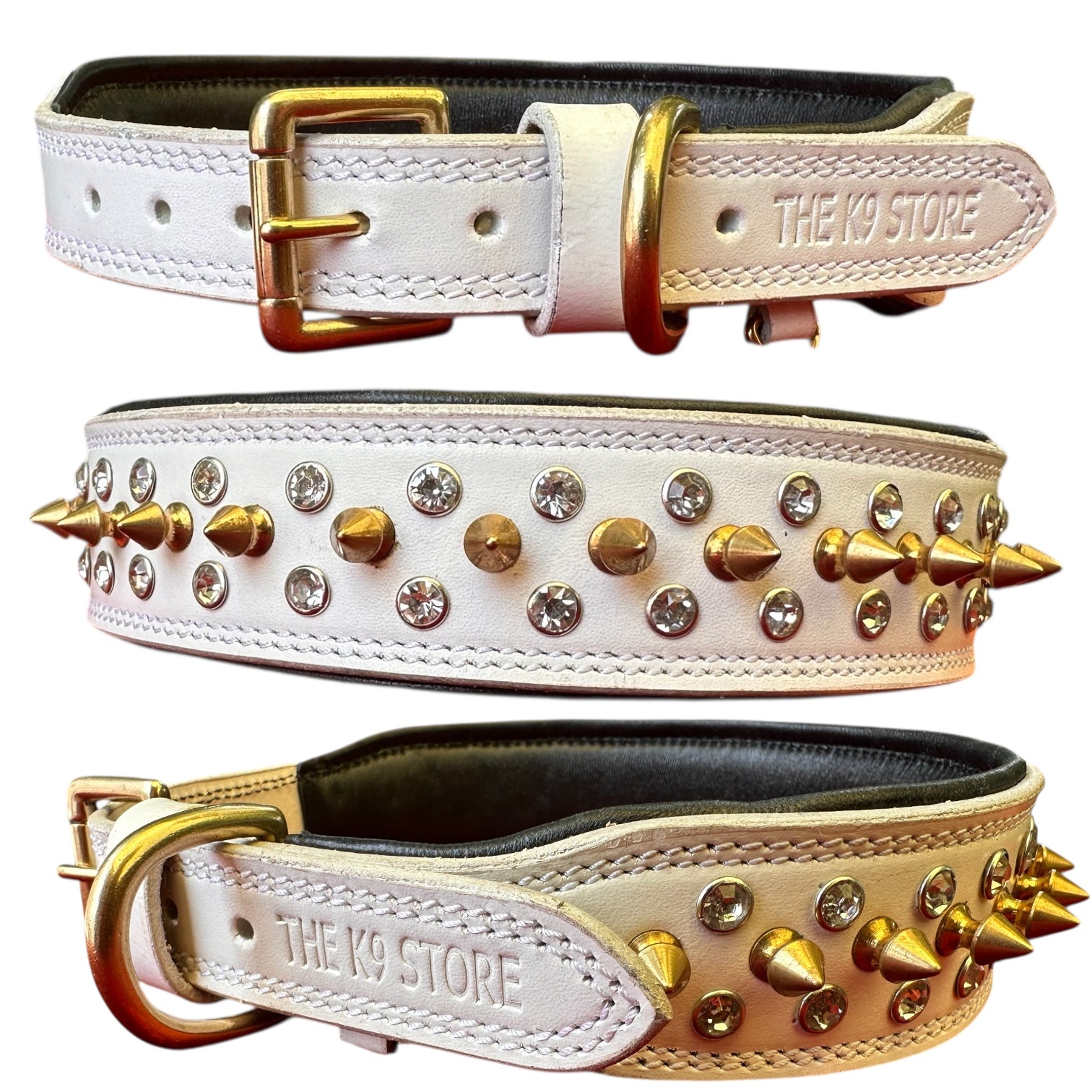 The K9 Store Premium Spiked Leather Designer Dog Collar – 100% Genuine Leather Gold Spikes with Brass Studs (Large & XL)