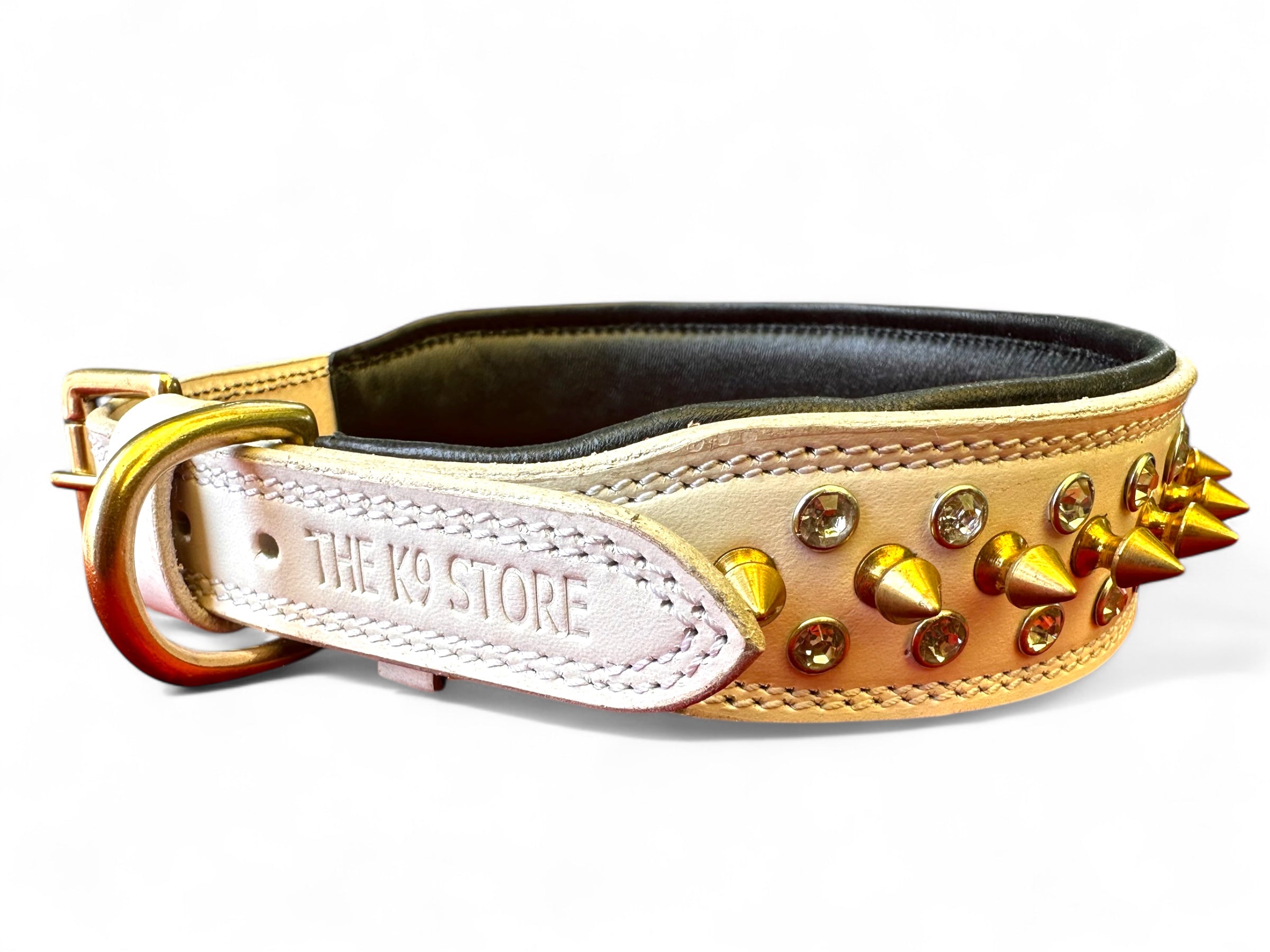 The K9 Store Premium Spiked Leather Designer Dog Collar – 100% Genuine Leather Gold Spikes with Brass Studs (Large & XL)