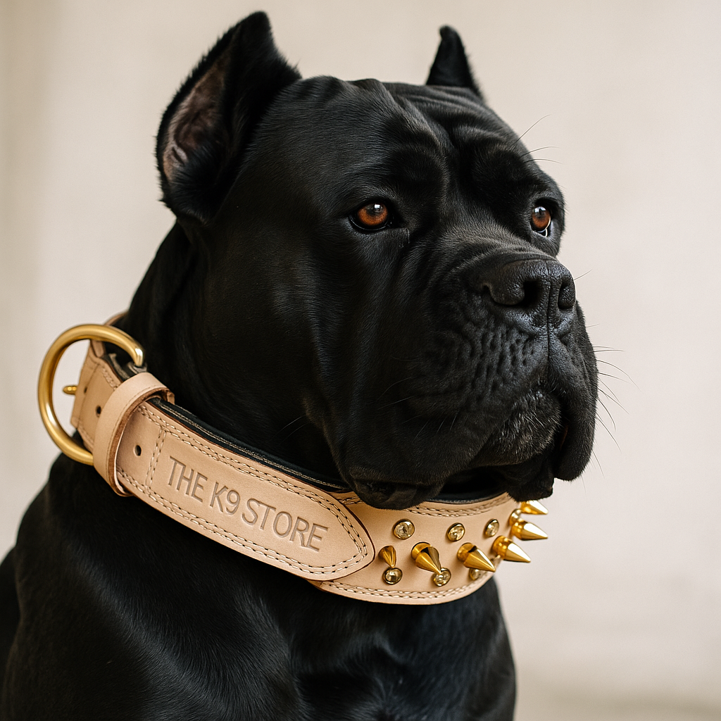 The K9 Store Premium Spiked Leather Designer Dog Collar – 100% Genuine Leather Gold Spikes with Brass Studs (Large & XL)