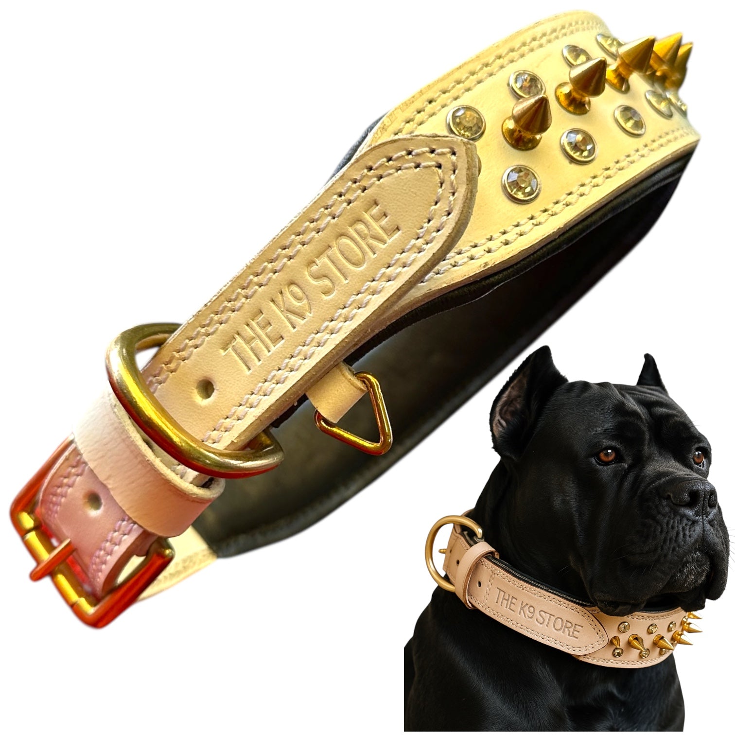 The K9 Store Premium Spiked Leather Designer Dog Collar – 100% Genuine Leather Gold Spikes with Brass Studs (Large & XL)