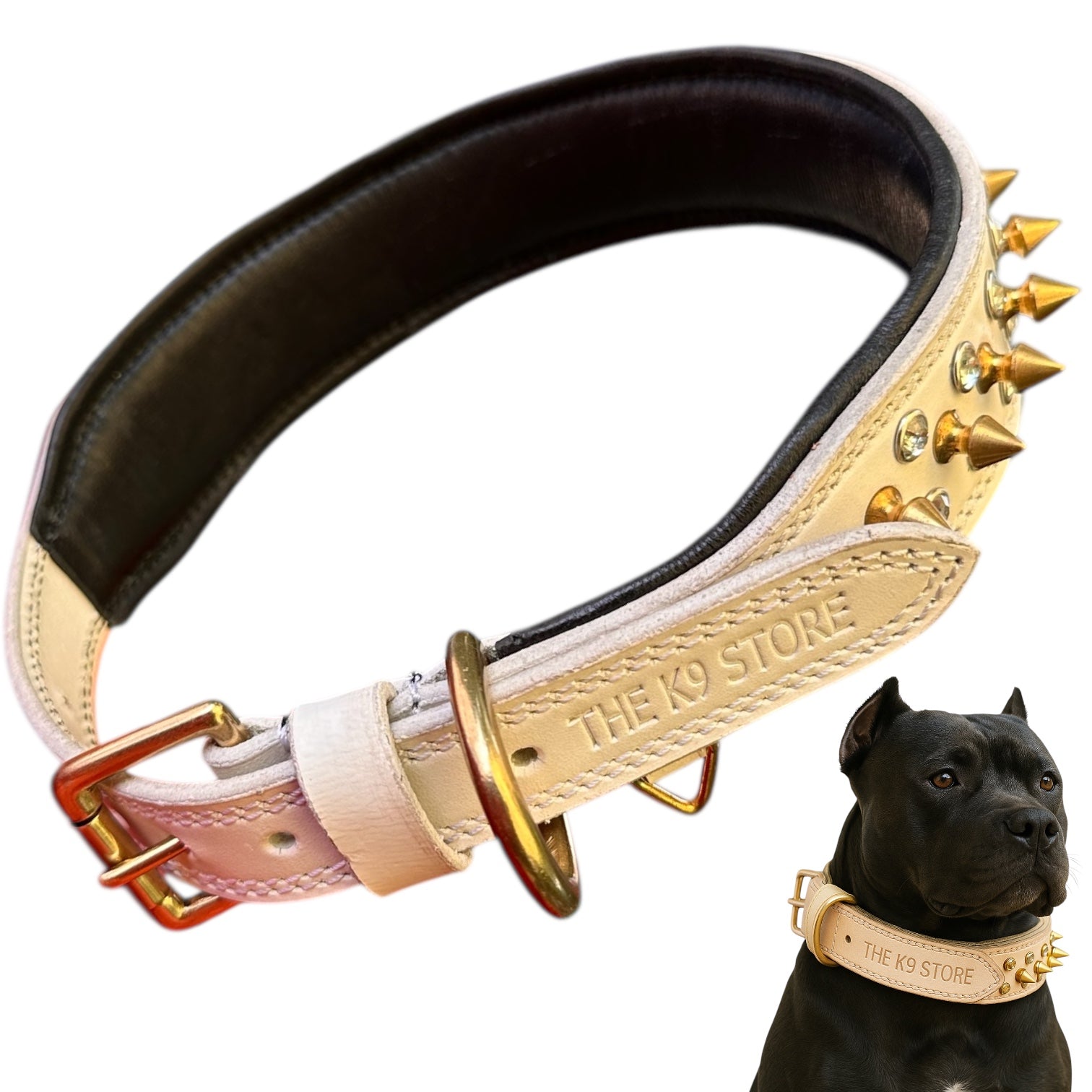 The K9 Store Premium Spiked Leather Designer Dog Collar – 100% Genuine Leather Gold Spikes with Brass Studs (Large & XL)