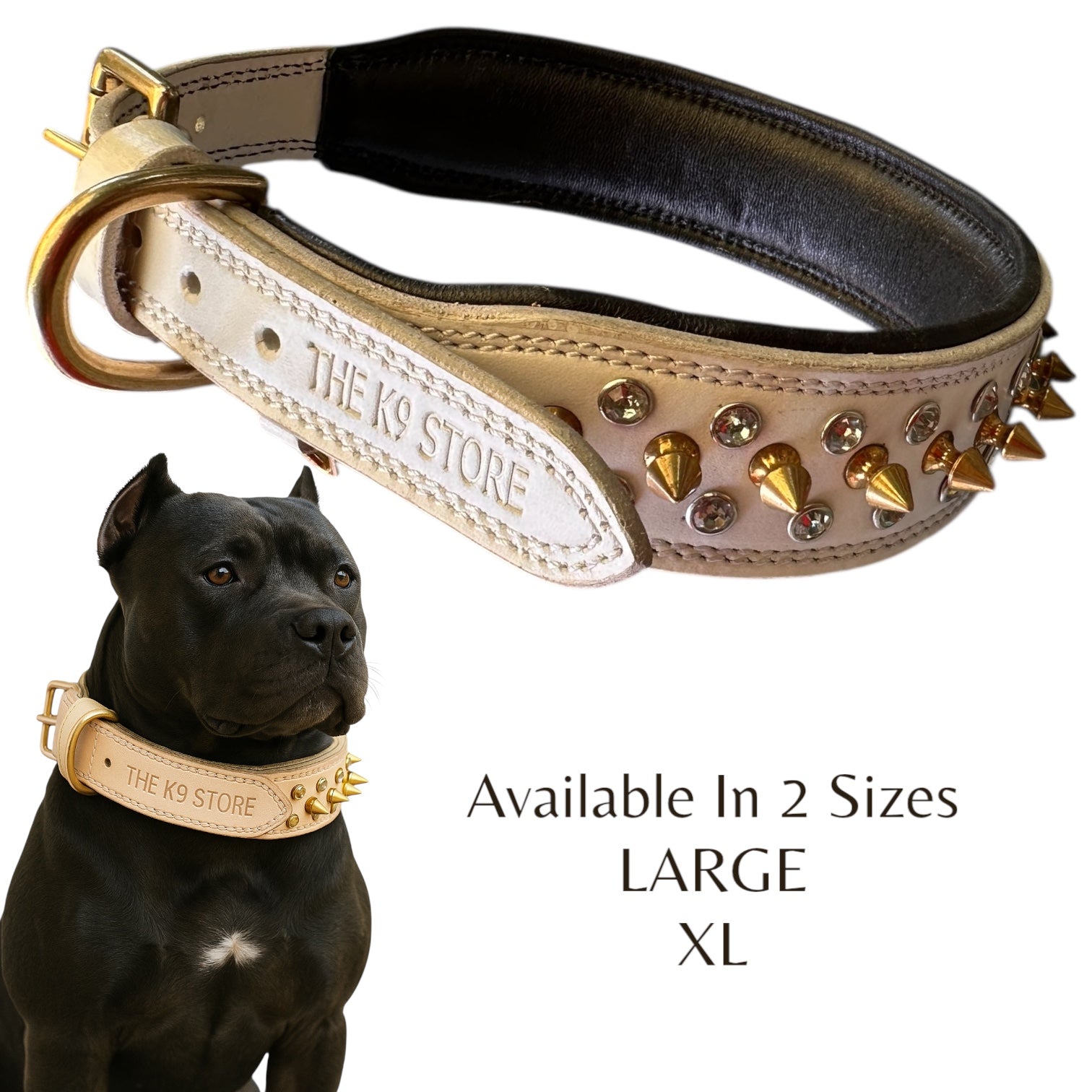 The K9 Store Premium Spiked Leather Designer Dog Collar – 100% Genuine Leather Gold Spikes with Brass Studs (Large & XL)