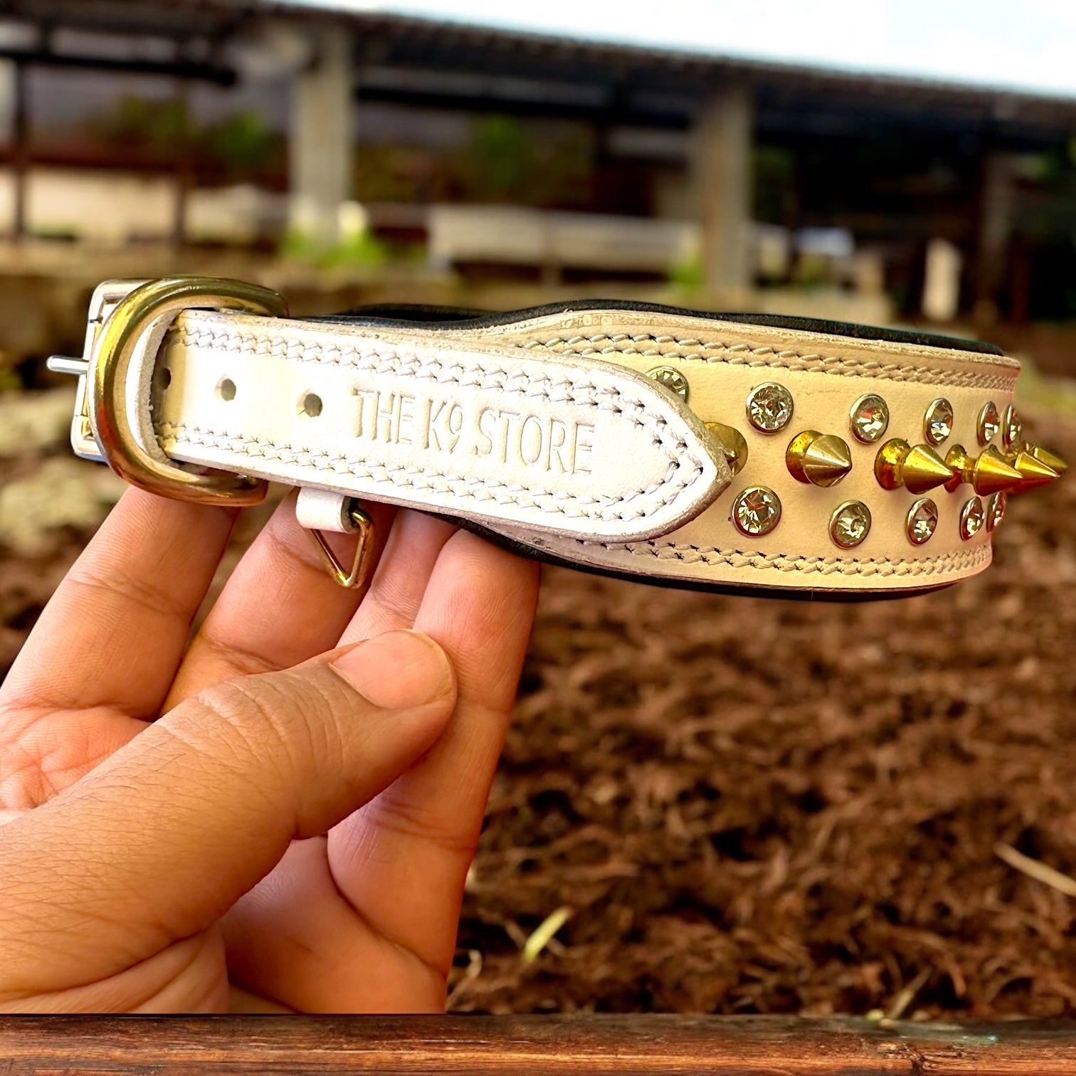 The K9 Store Premium Spiked Leather Designer Dog Collar – 100% Genuine Leather Gold Spikes with Brass Studs (Large & XL)