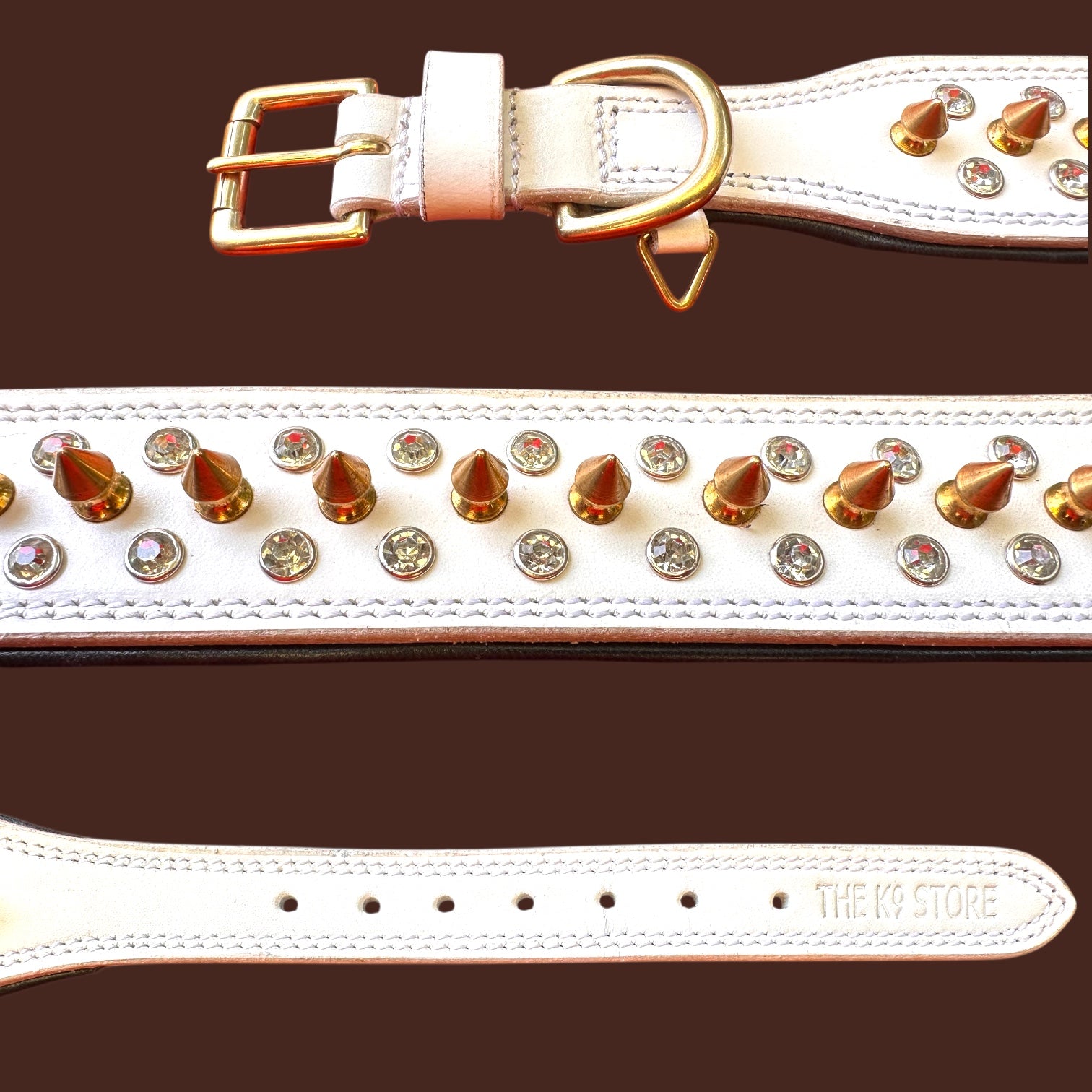 The K9 Store Premium Spiked Leather Designer Dog Collar – 100% Genuine Leather Gold Spikes with Brass Studs (Large & XL)