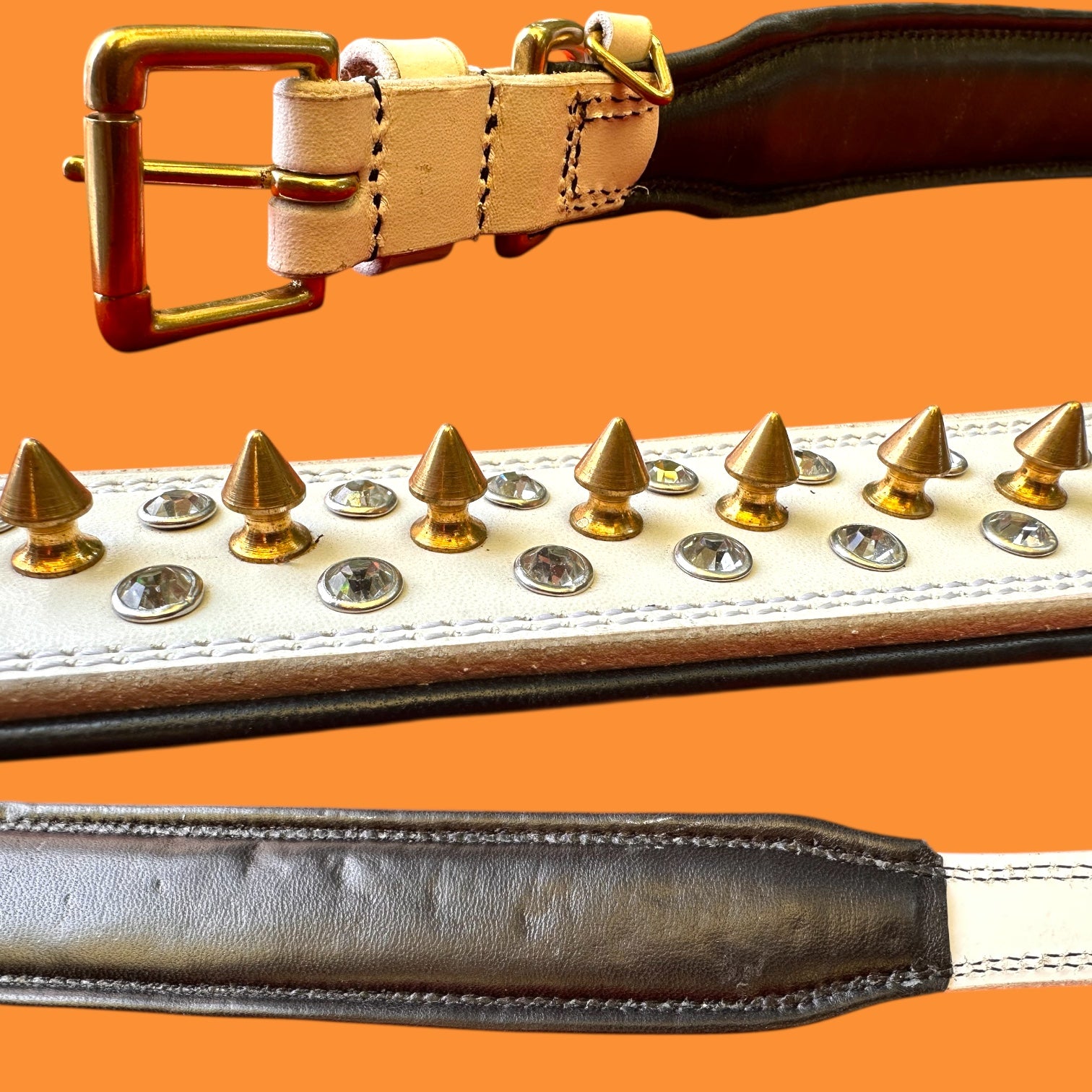 The K9 Store Premium Spiked Leather Designer Dog Collar – 100% Genuine Leather Gold Spikes with Brass Studs (Large & XL)