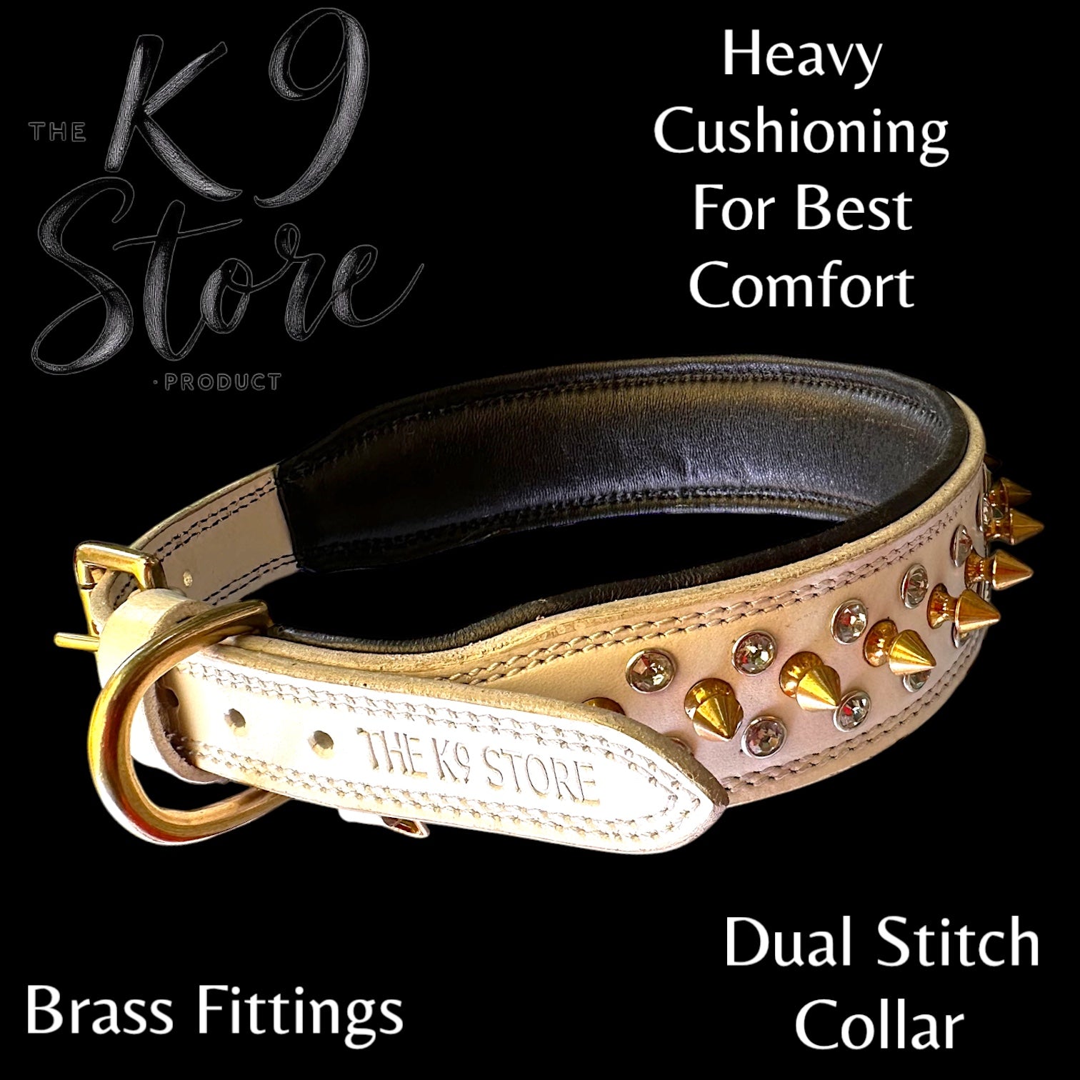 The K9 Store Premium Spiked Leather Designer Dog Collar – 100% Genuine Leather Gold Spikes with Brass Studs (Large & XL)