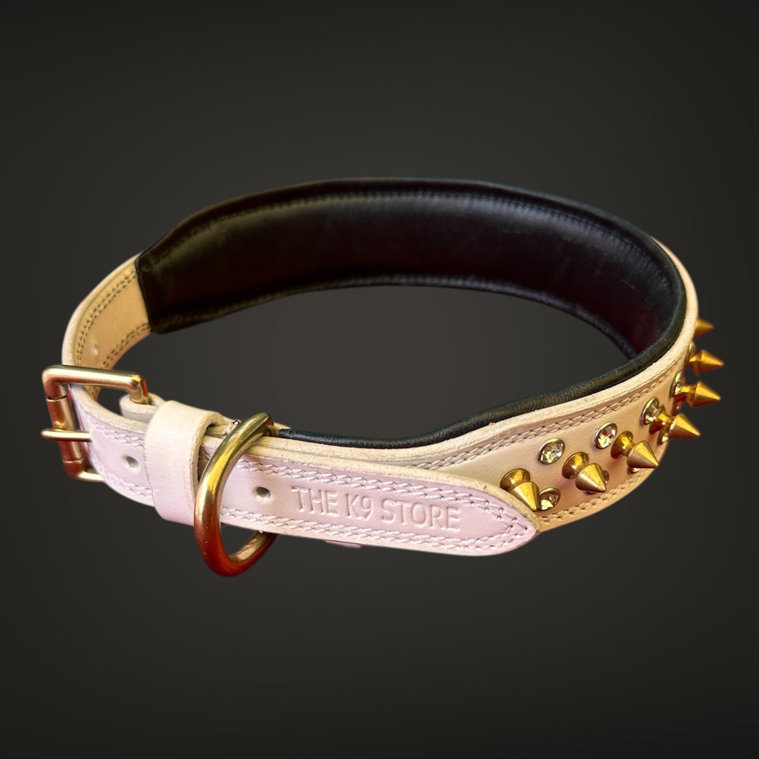 The K9 Store Premium Spiked Leather Designer Dog Collar – 100% Genuine Leather Gold Spikes with Brass Studs (Large & XL)