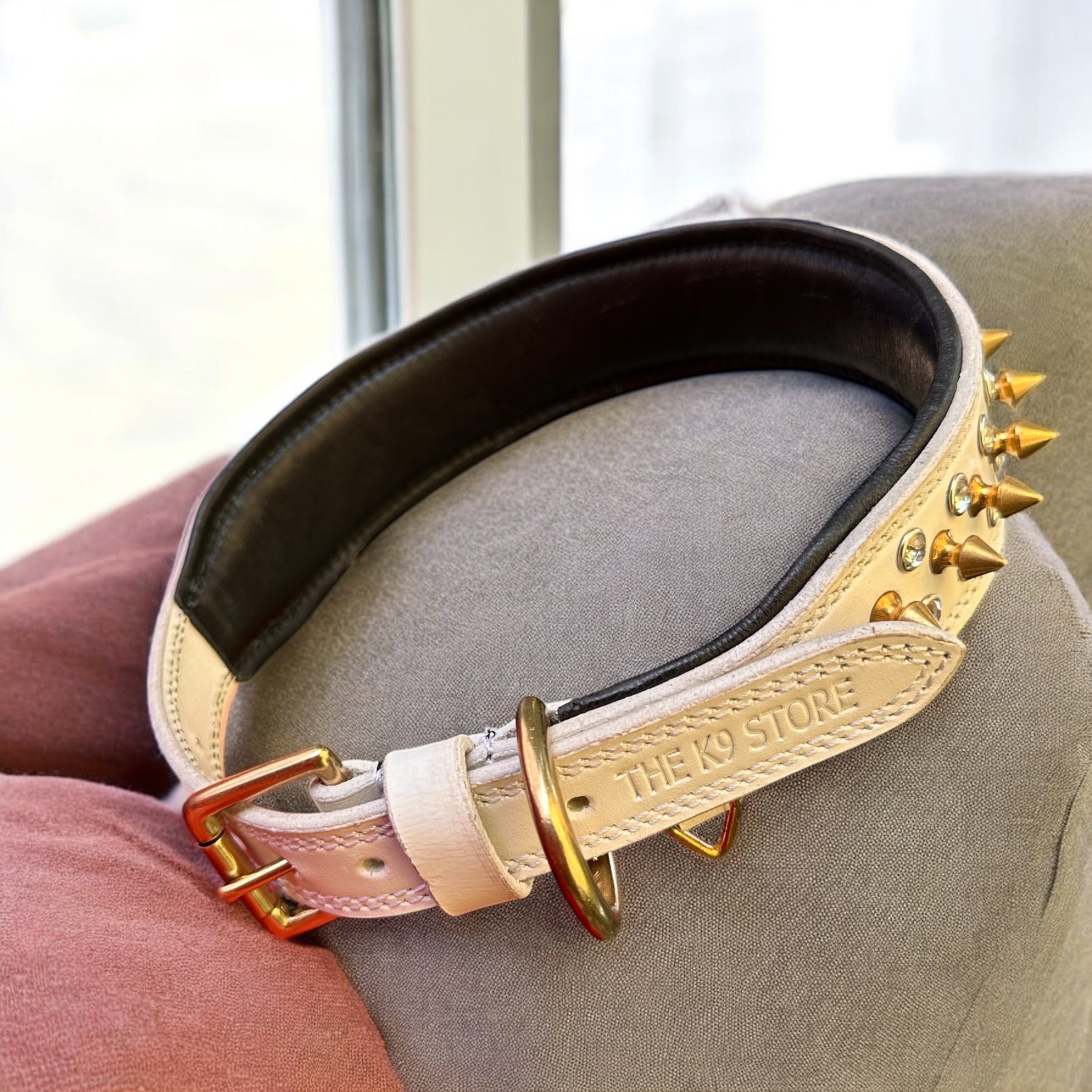 The K9 Store Premium Spiked Leather Designer Dog Collar – 100% Genuine Leather Gold Spikes with Brass Studs (Large & XL)