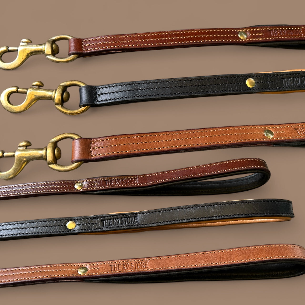 THE K9 STORE Premium 100% Genuine Leather Short Handle for Dogs | Handcrafted 17 Inch Training Leash with Brass Hook | Cushioned Grip | Heavy Duty | 3-Stitched & Hand-Entangled Designs | Tan, Black, Chocolate