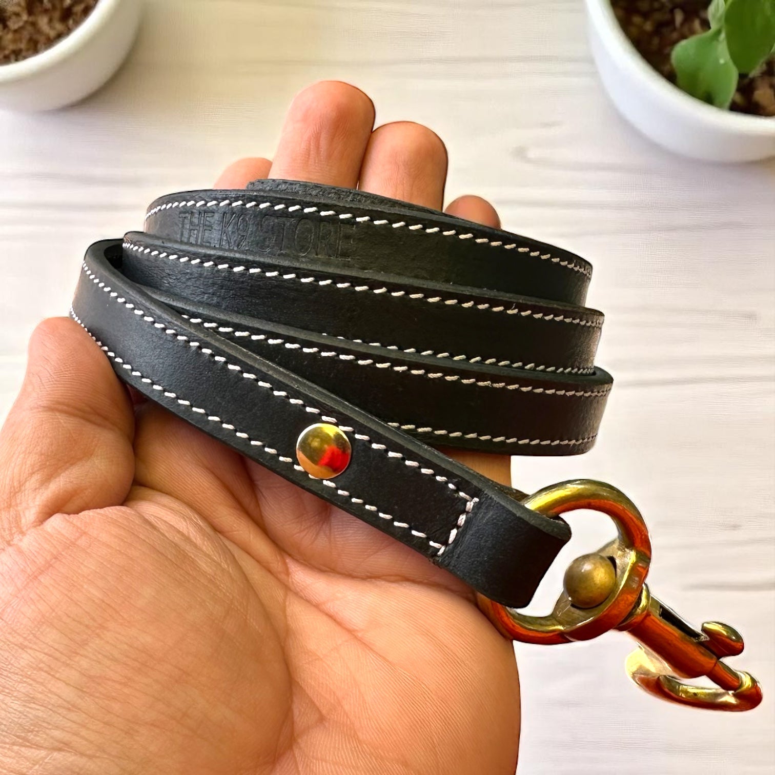 The K9 Store Premium Leather Single Handle Dog Leash, 6 Feet/5 Feet Long With Brass Hooks In Black Color For All Dog Breeds
