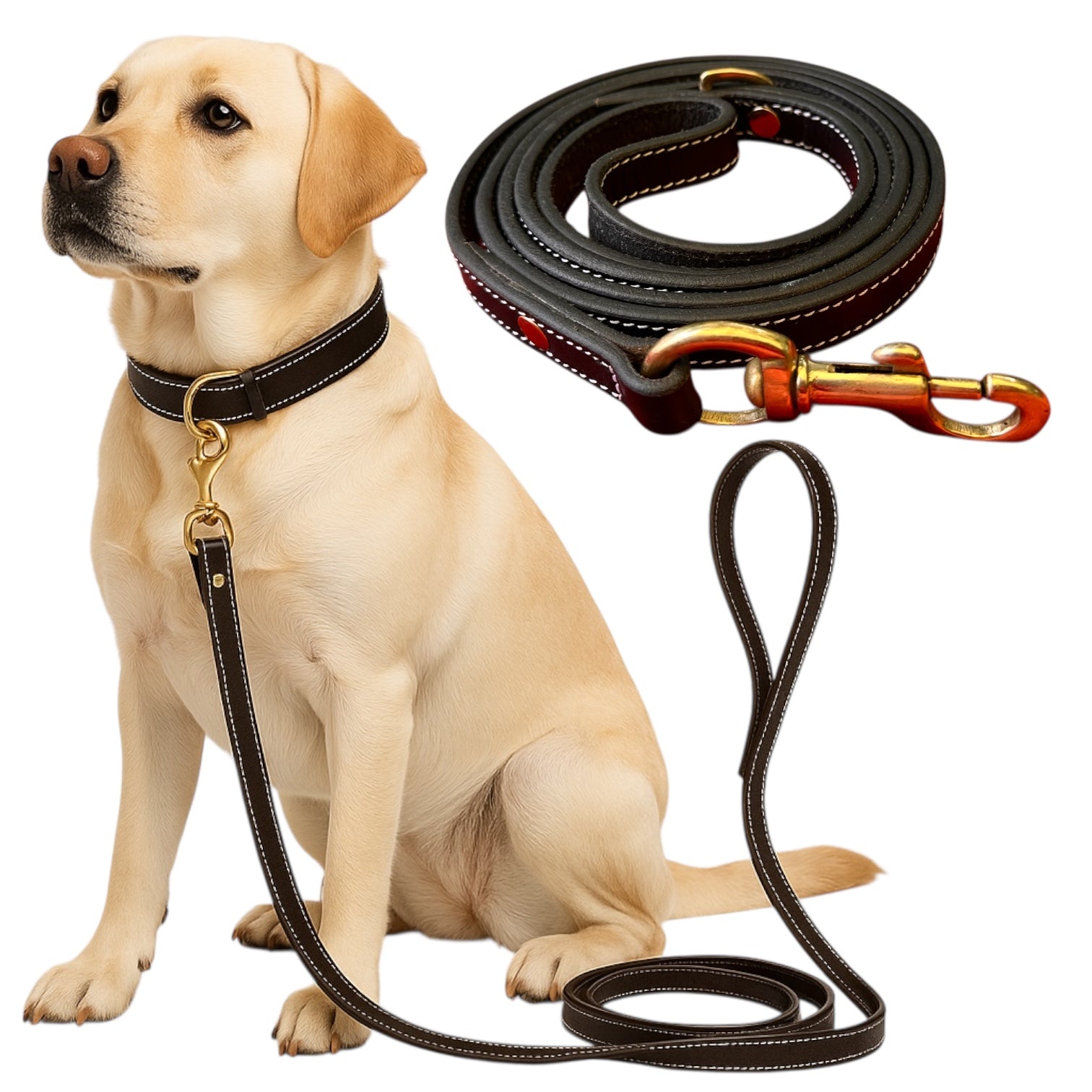 The K9 Store Premium Leather Single Handle Dog Leash, 6 Feet/5 Feet Long With Brass Hooks In Black Color For All Dog Breeds